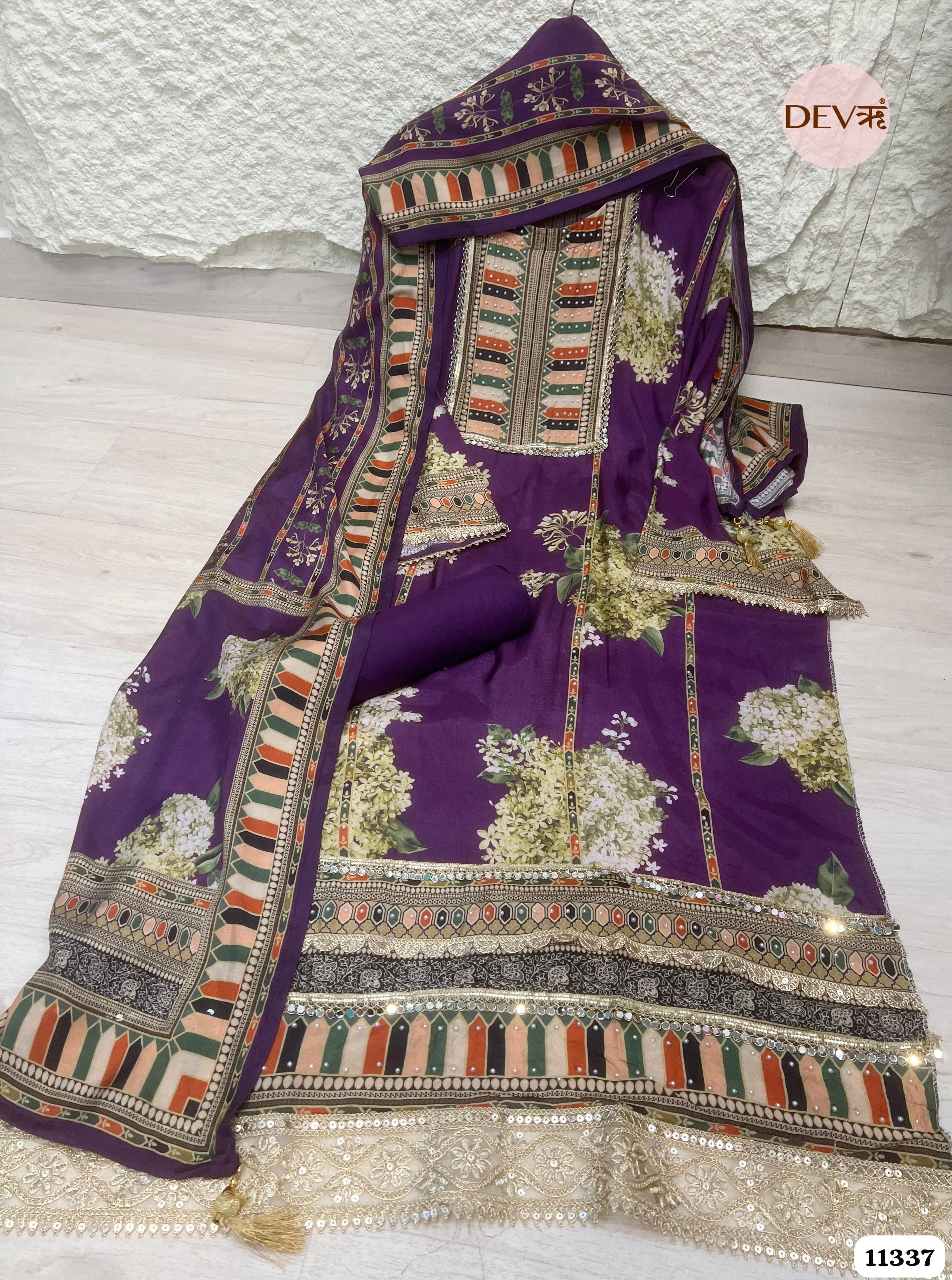 Purple Muslin Semi-Stitched Hand Embroidered -Set Of 3 {11337}