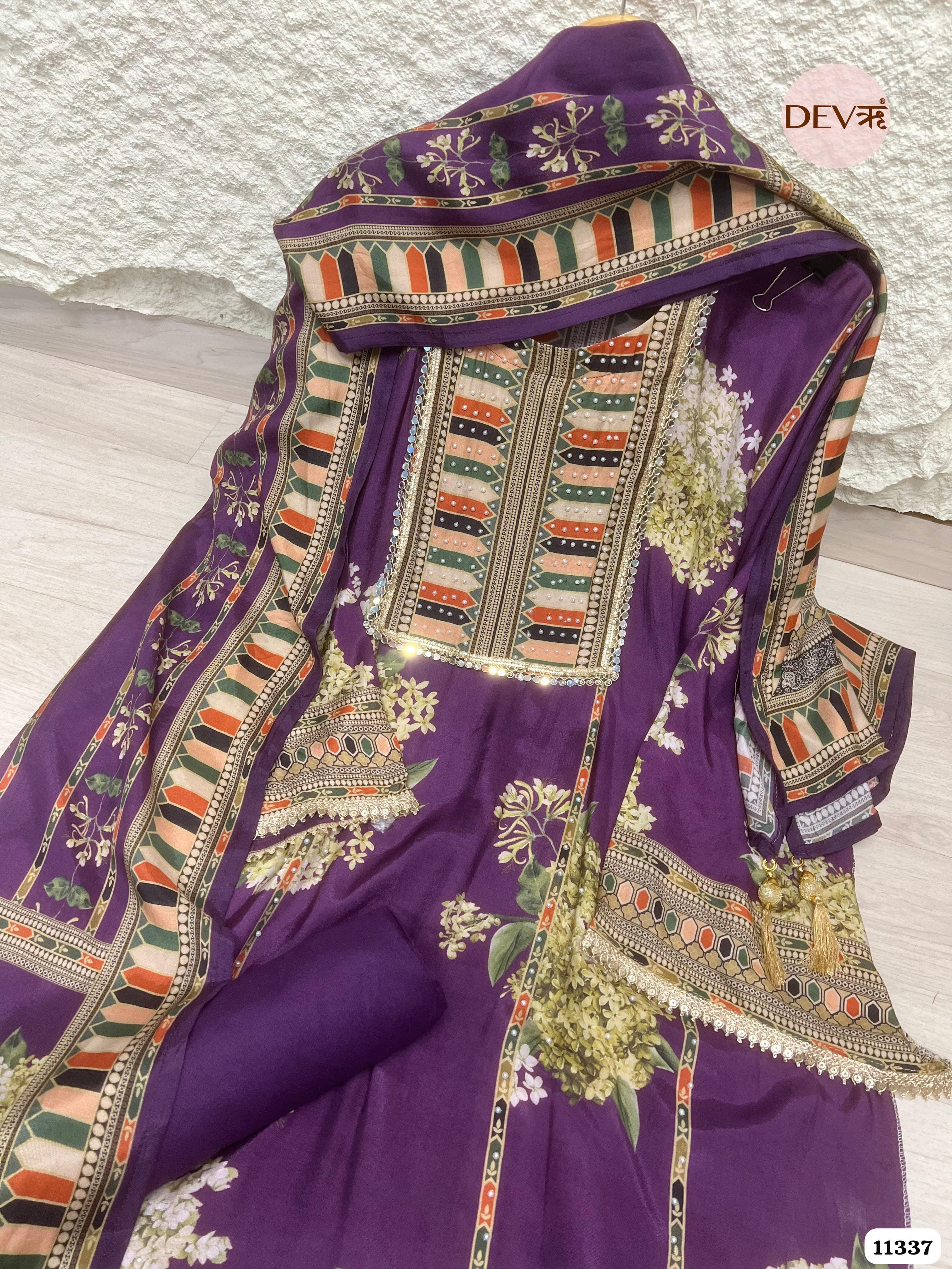 Purple Muslin Semi-Stitched Hand Embroidered -Set Of 3 {11337}