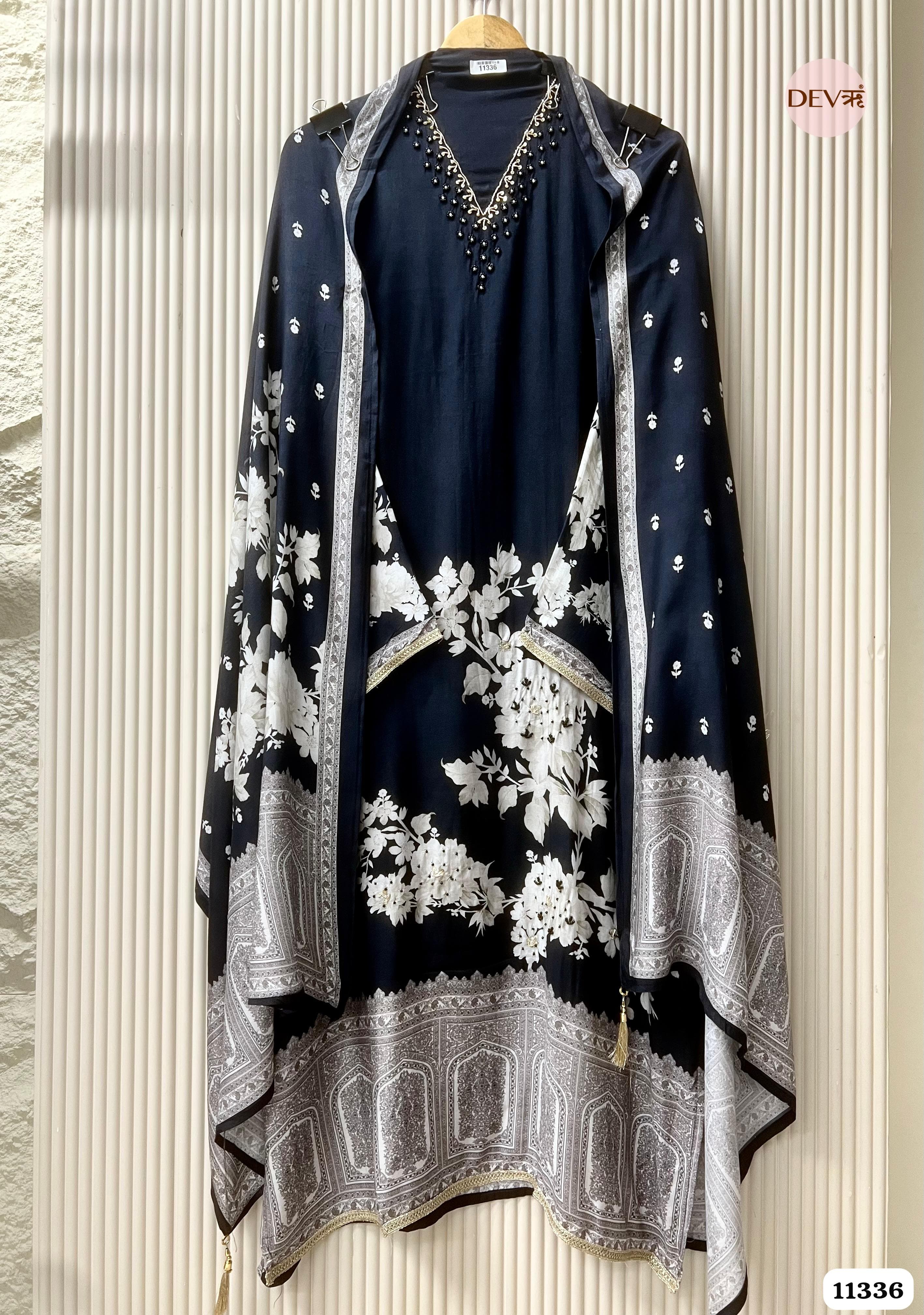 Black Muslin Semi-Stitched Hand Embroidered -Set Of 3 - {11336}
