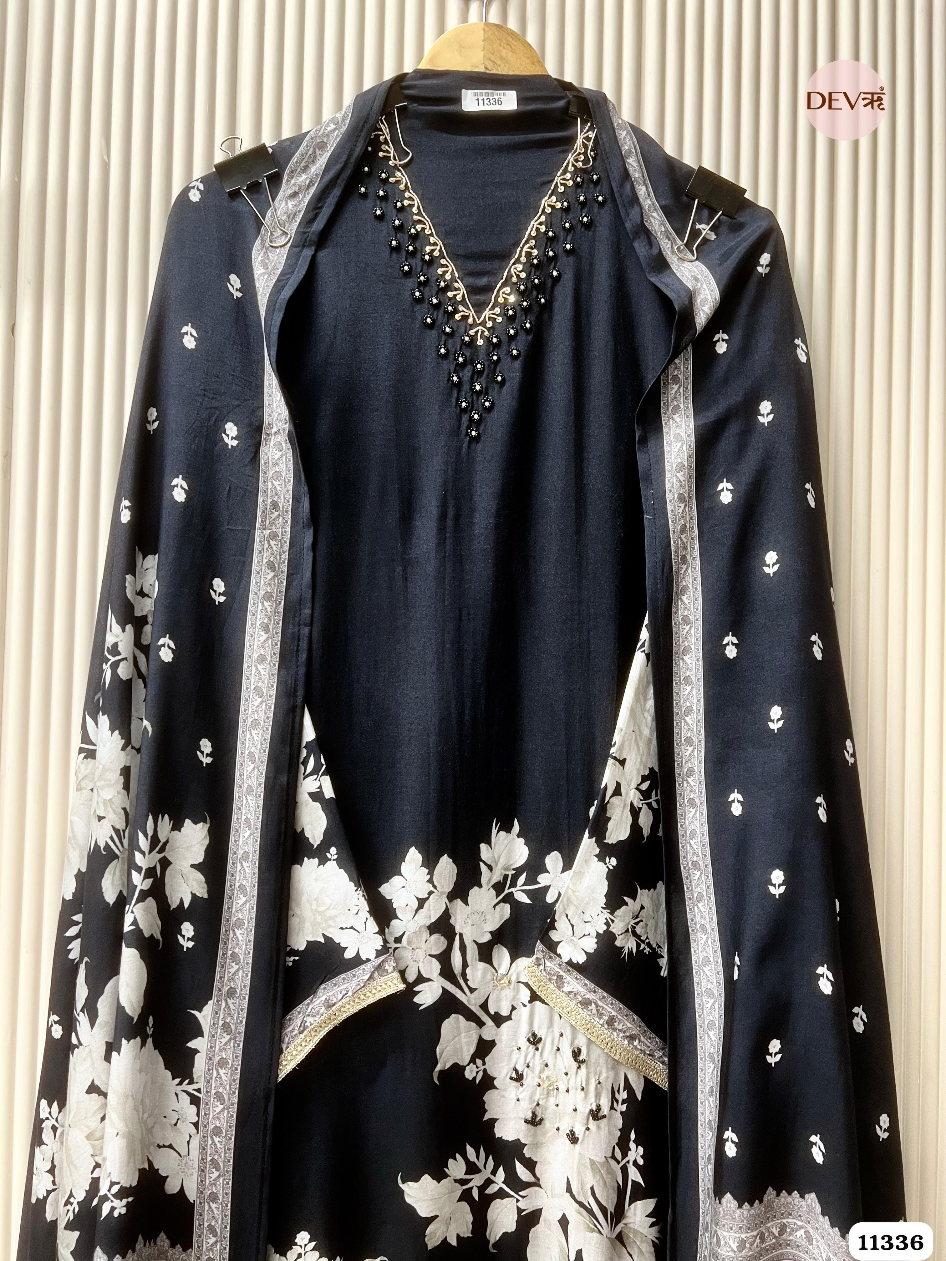 Black Muslin Semi-Stitched Hand Embroidered -Set Of 3 - {11336}