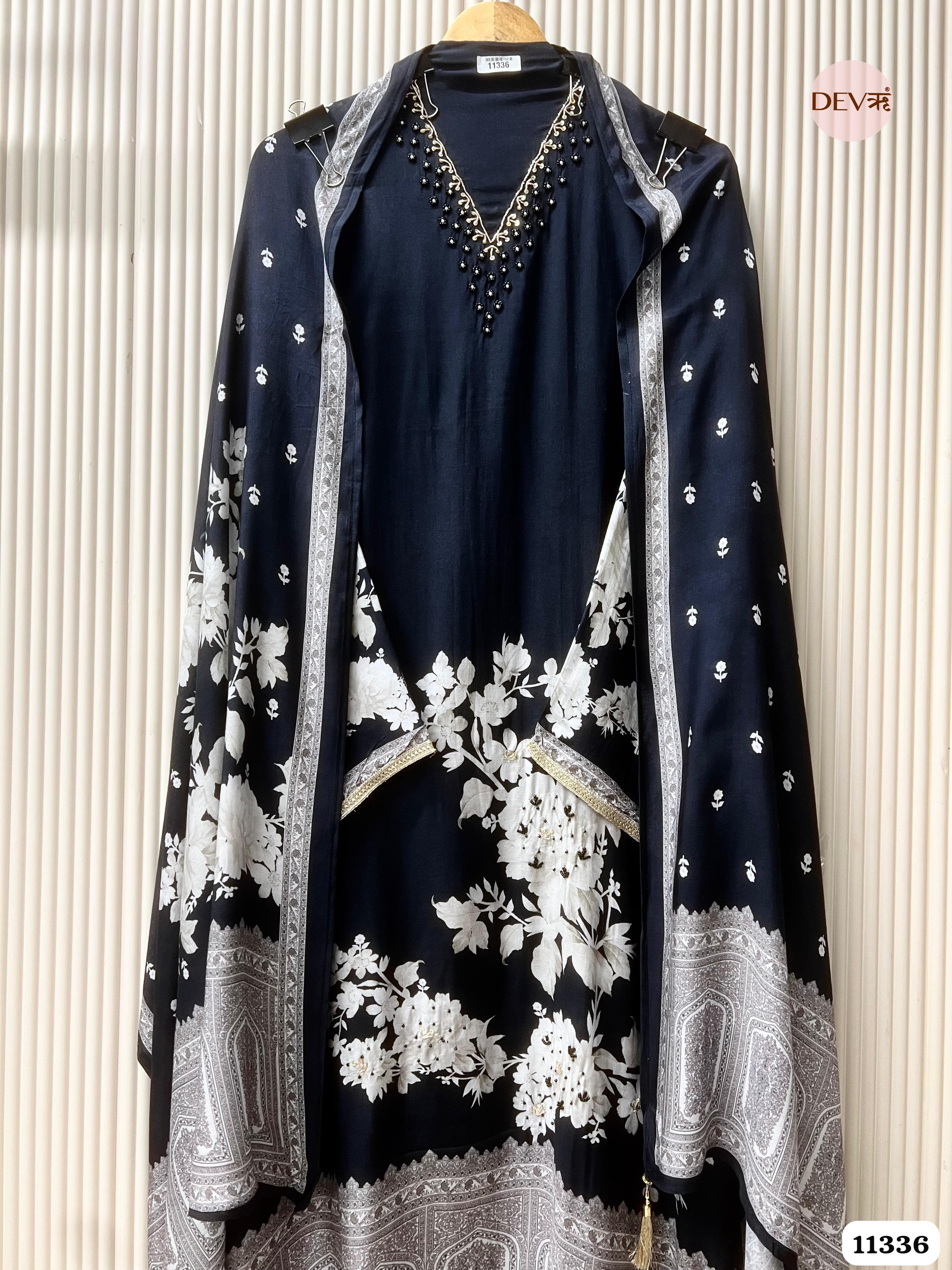 Black Muslin Semi-Stitched Hand Embroidered -Set Of 3 - {11336}