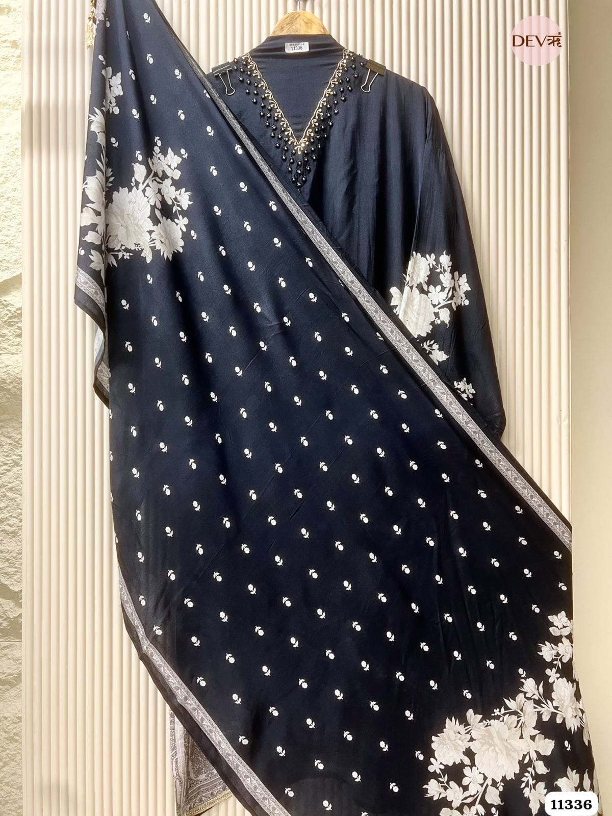 Black Muslin Semi-Stitched Hand Embroidered -Set Of 3 - {11336}
