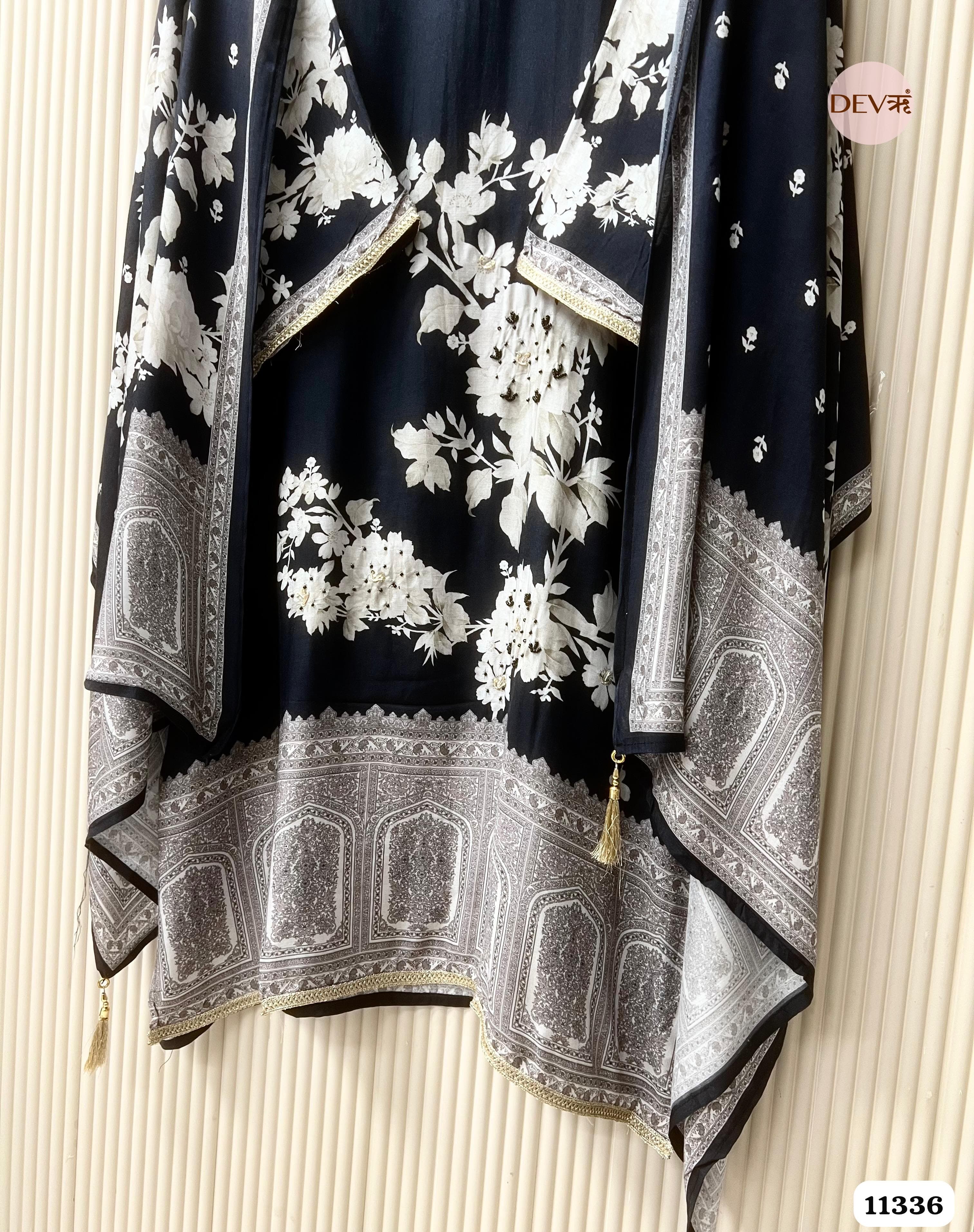 Black Muslin Semi-Stitched Hand Embroidered -Set Of 3 - {11336}