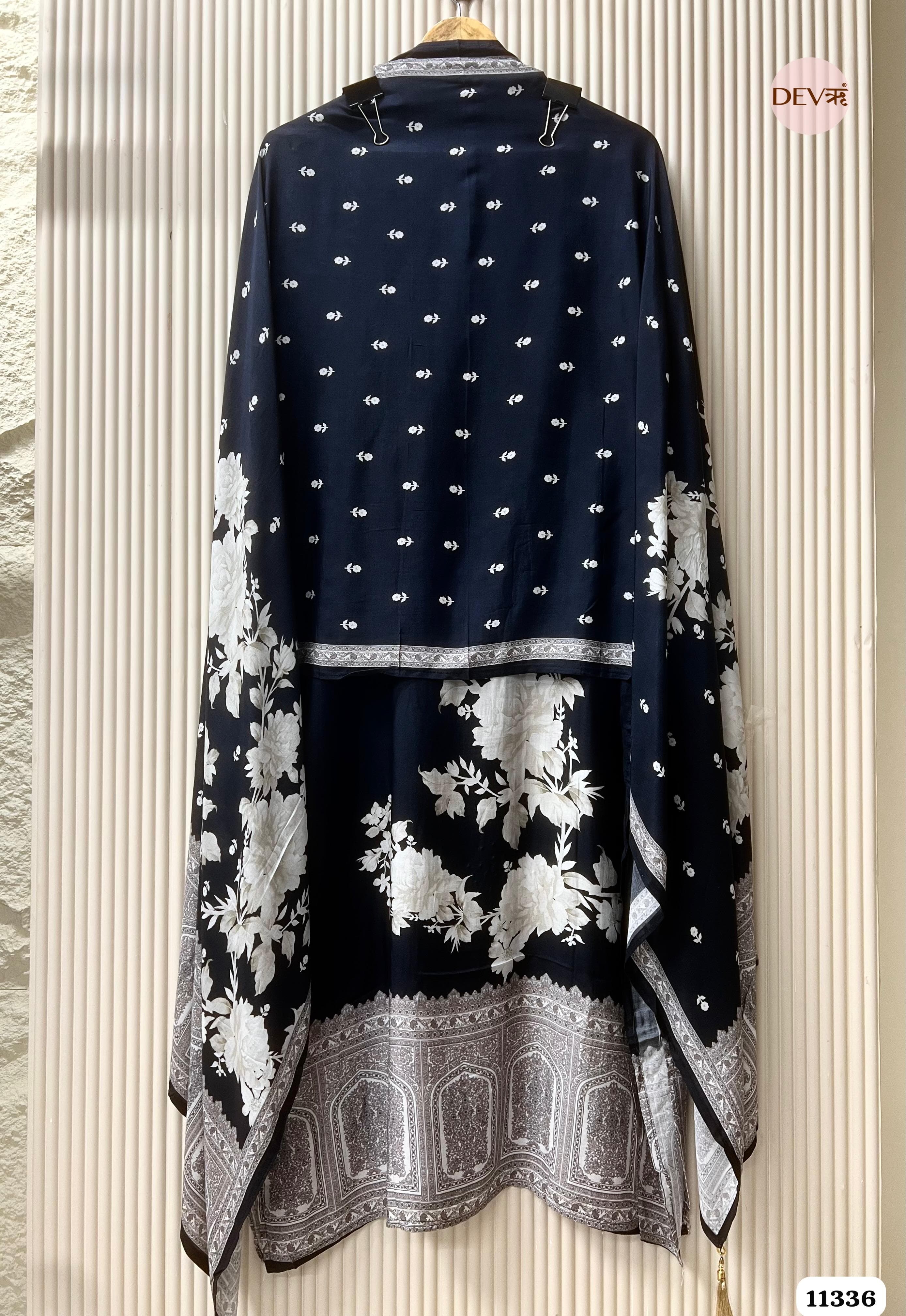 Black Muslin Semi-Stitched Hand Embroidered -Set Of 3 - {11336}
