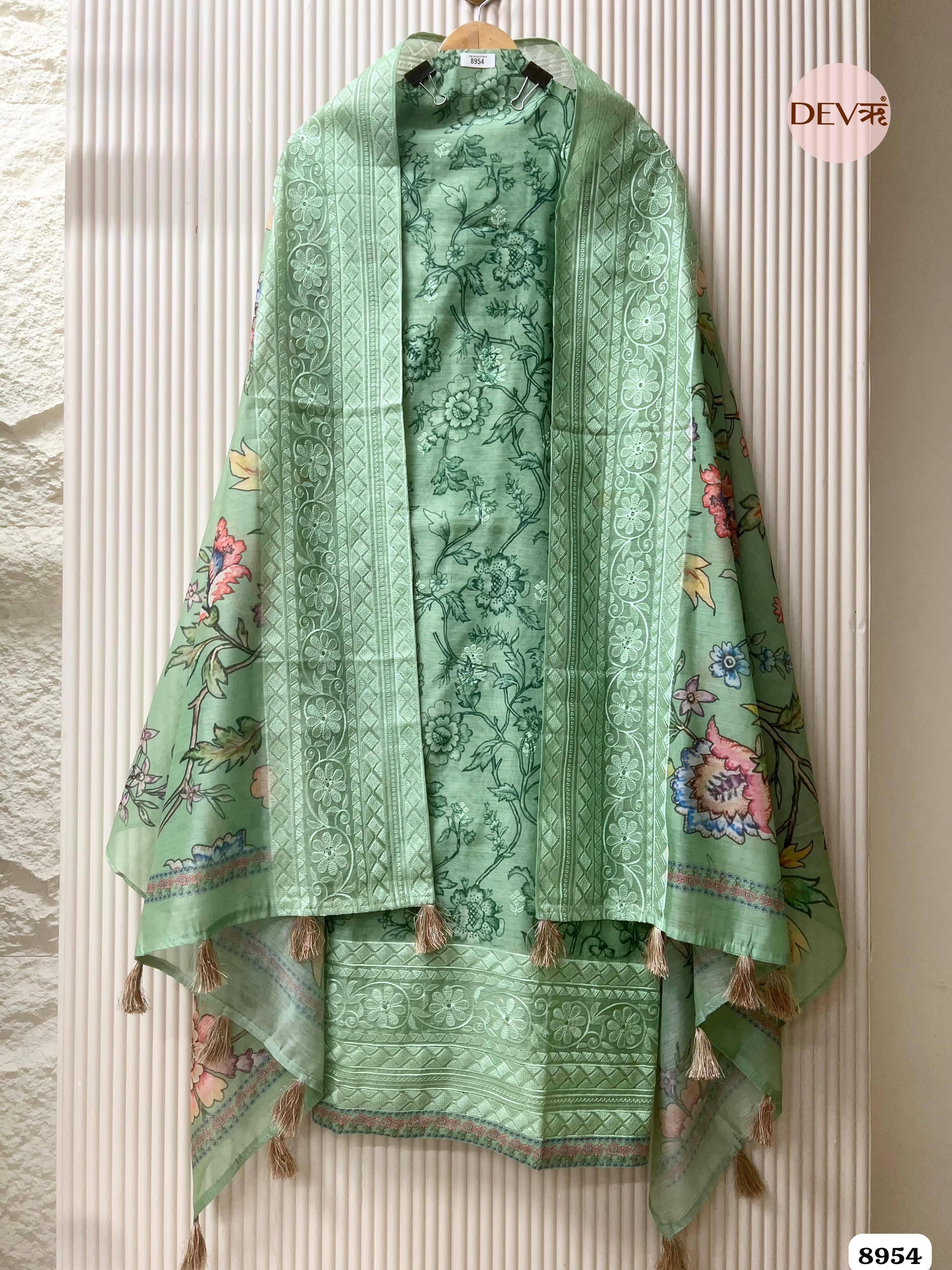 Green Mul Chanderi Embroidered Unstitched Printed -Set Of 3 {8954}