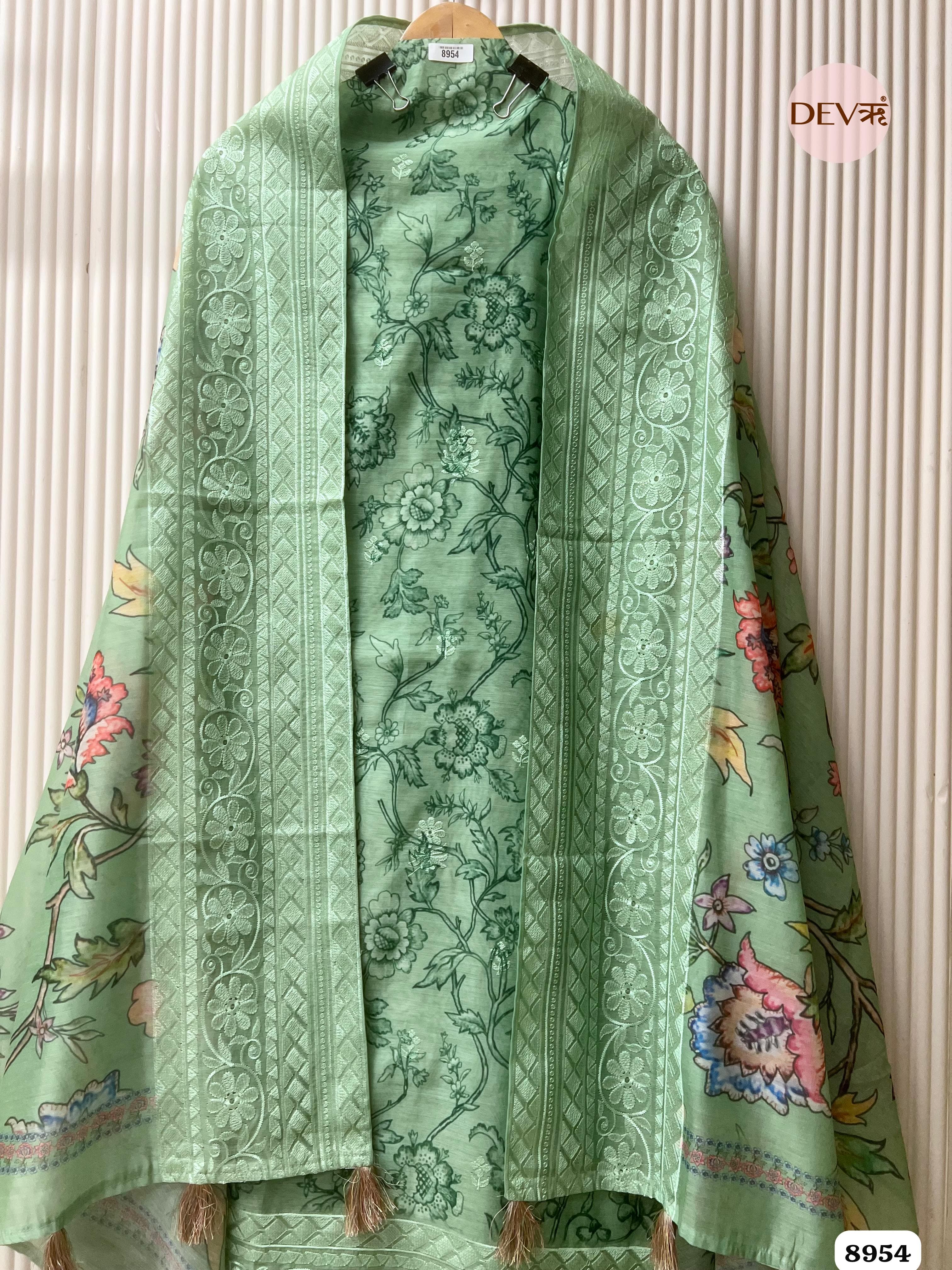 Green Mul Chanderi Embroidered Unstitched Printed -Set Of 3 {8954}