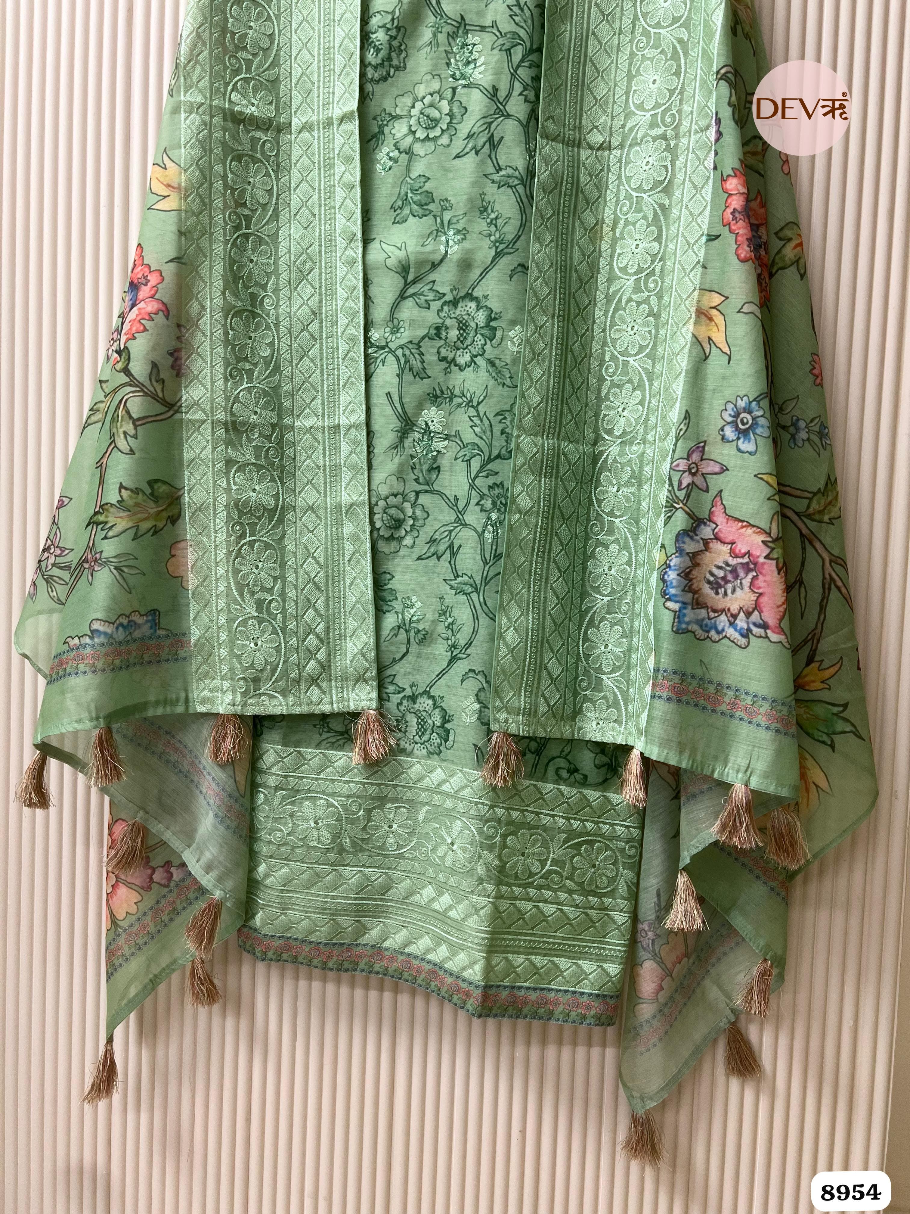 Green Mul Chanderi Embroidered Unstitched Printed -Set Of 3 {8954}
