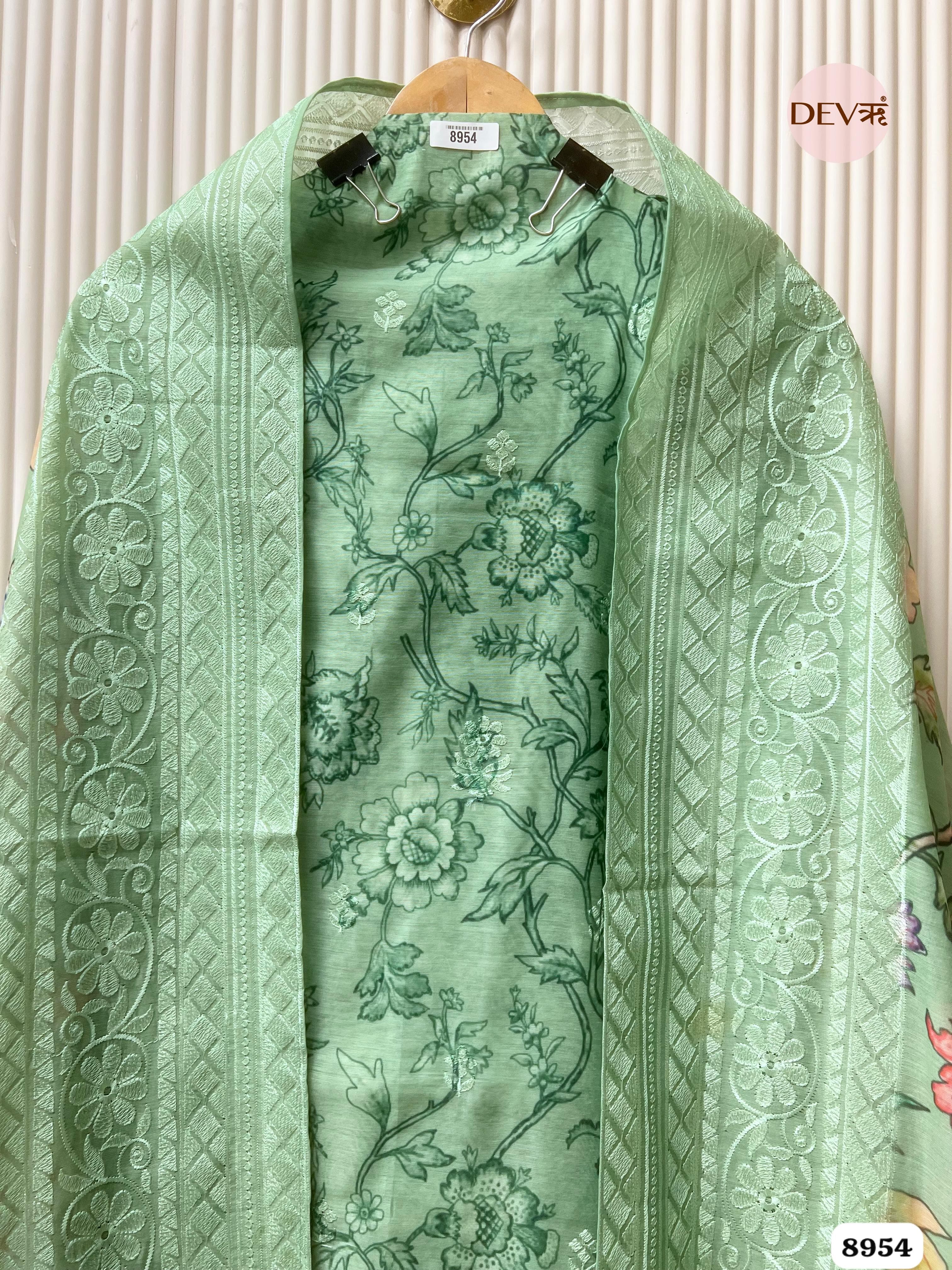Green Mul Chanderi Embroidered Unstitched Printed -Set Of 3 {8954}