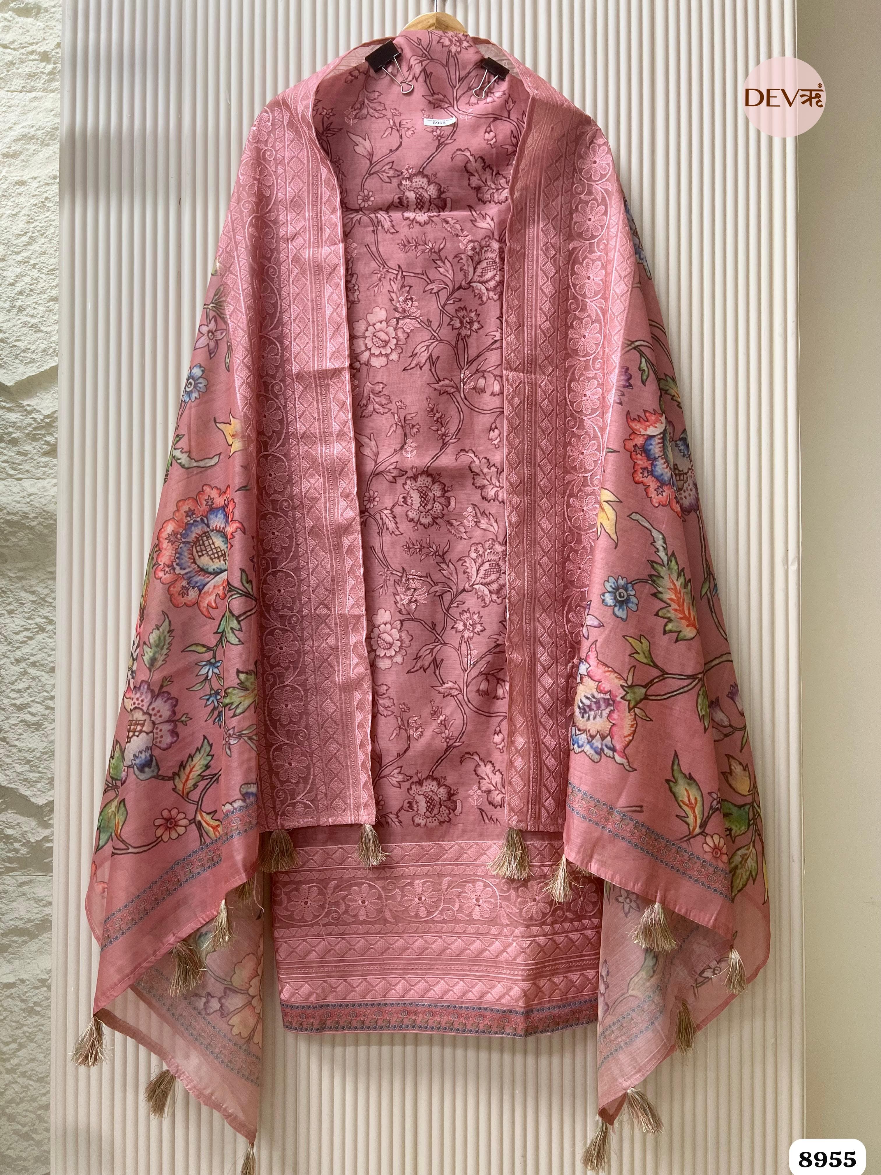 Pink Mul Chanderi Embroidered Unstitched Printed -Set Of 3 {8955}