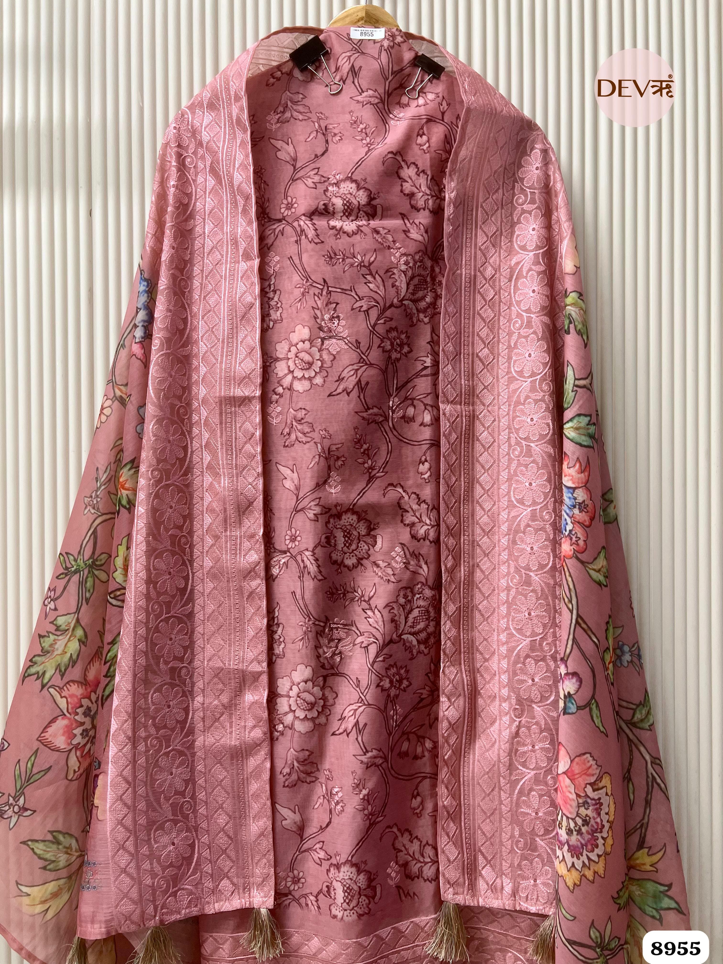 Pink Mul Chanderi Embroidered Unstitched Printed -Set Of 3 {8955}