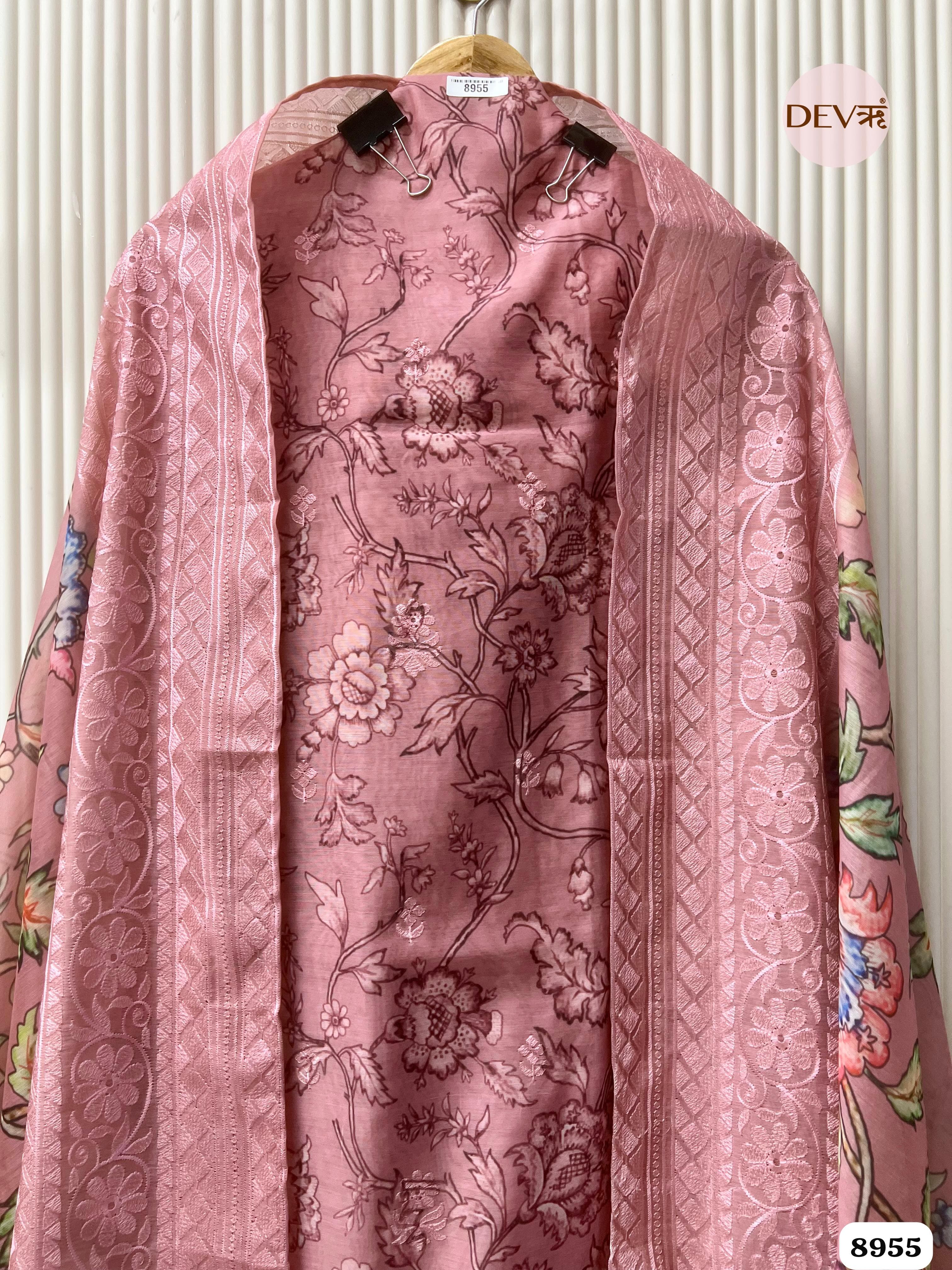 Pink Mul Chanderi Embroidered Unstitched Printed -Set Of 3 {8955}