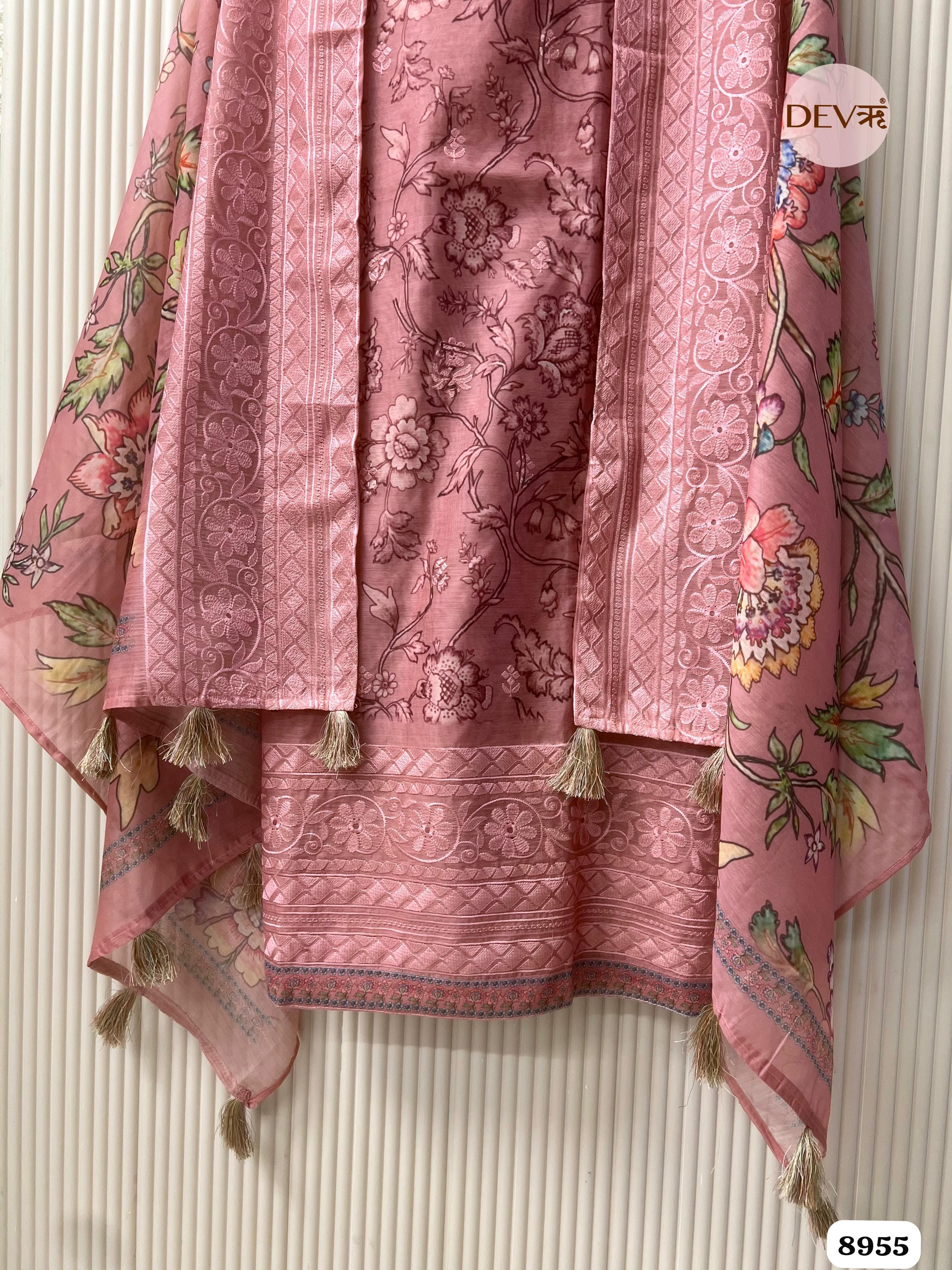 Pink Mul Chanderi Embroidered Unstitched Printed -Set Of 3 {8955}