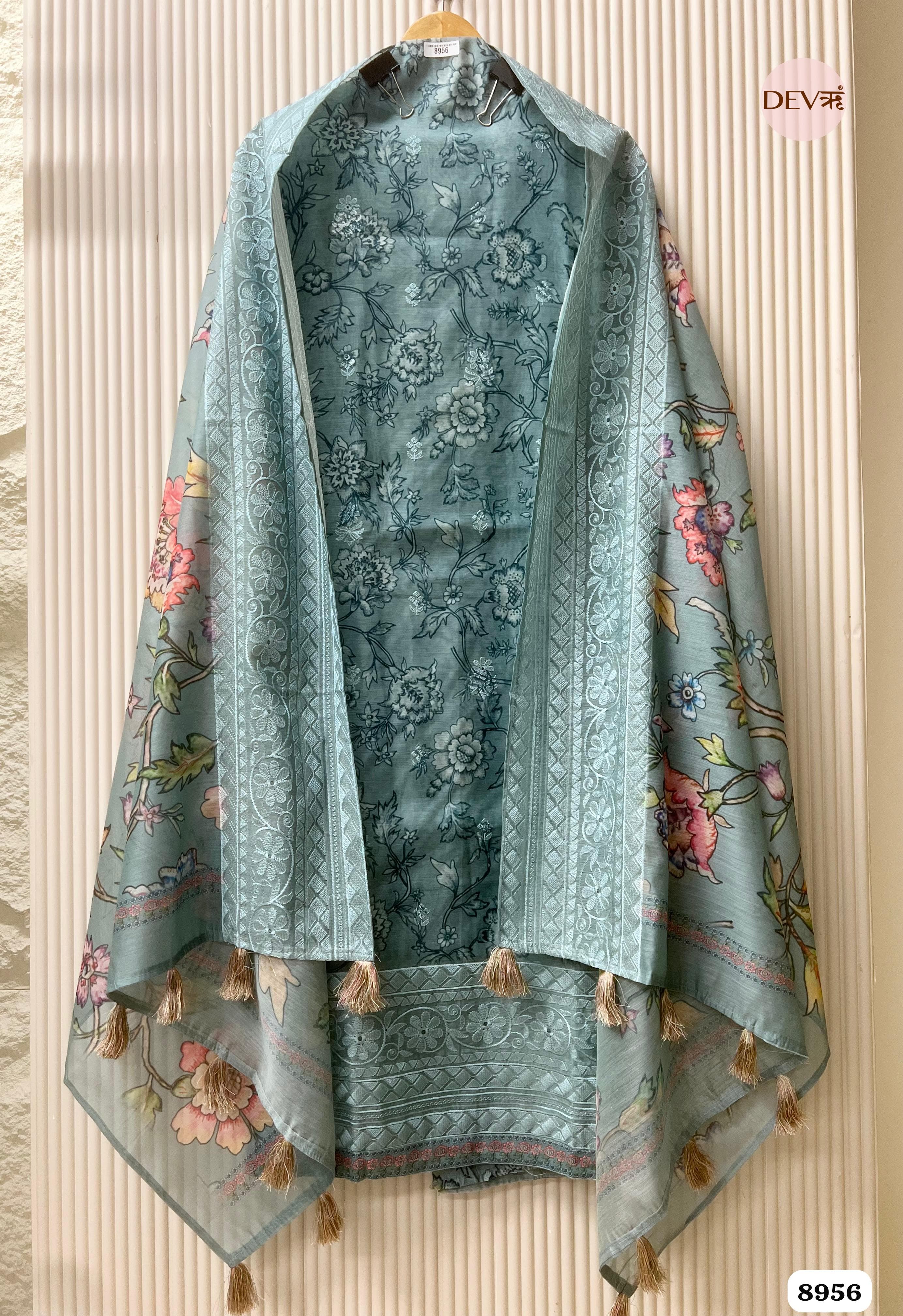 Blue Mul Chanderi Embroidered Unstitched Printed -Set Of 3 {8956}