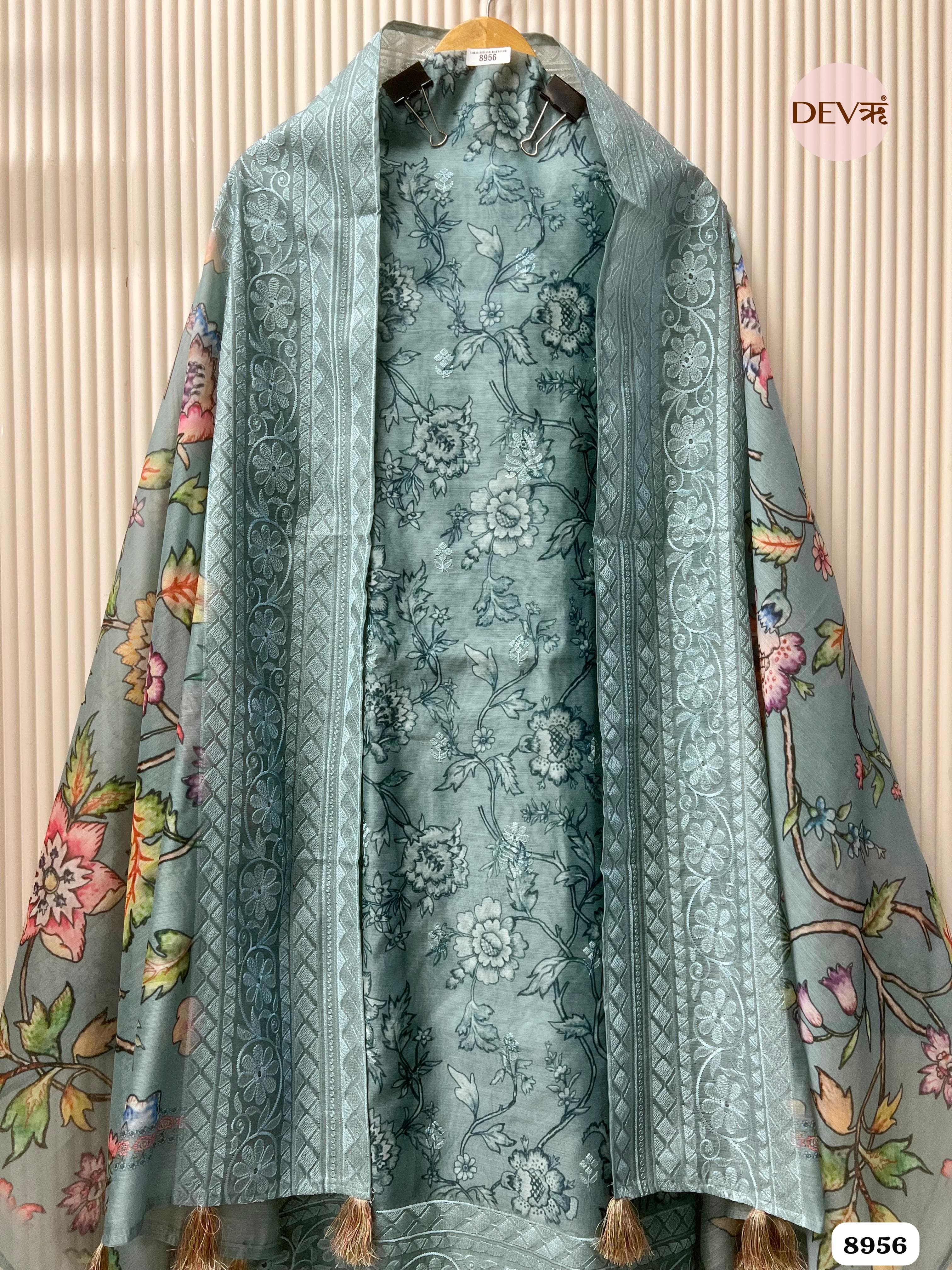 Blue Mul Chanderi Embroidered Unstitched Printed -Set Of 3 {8956}