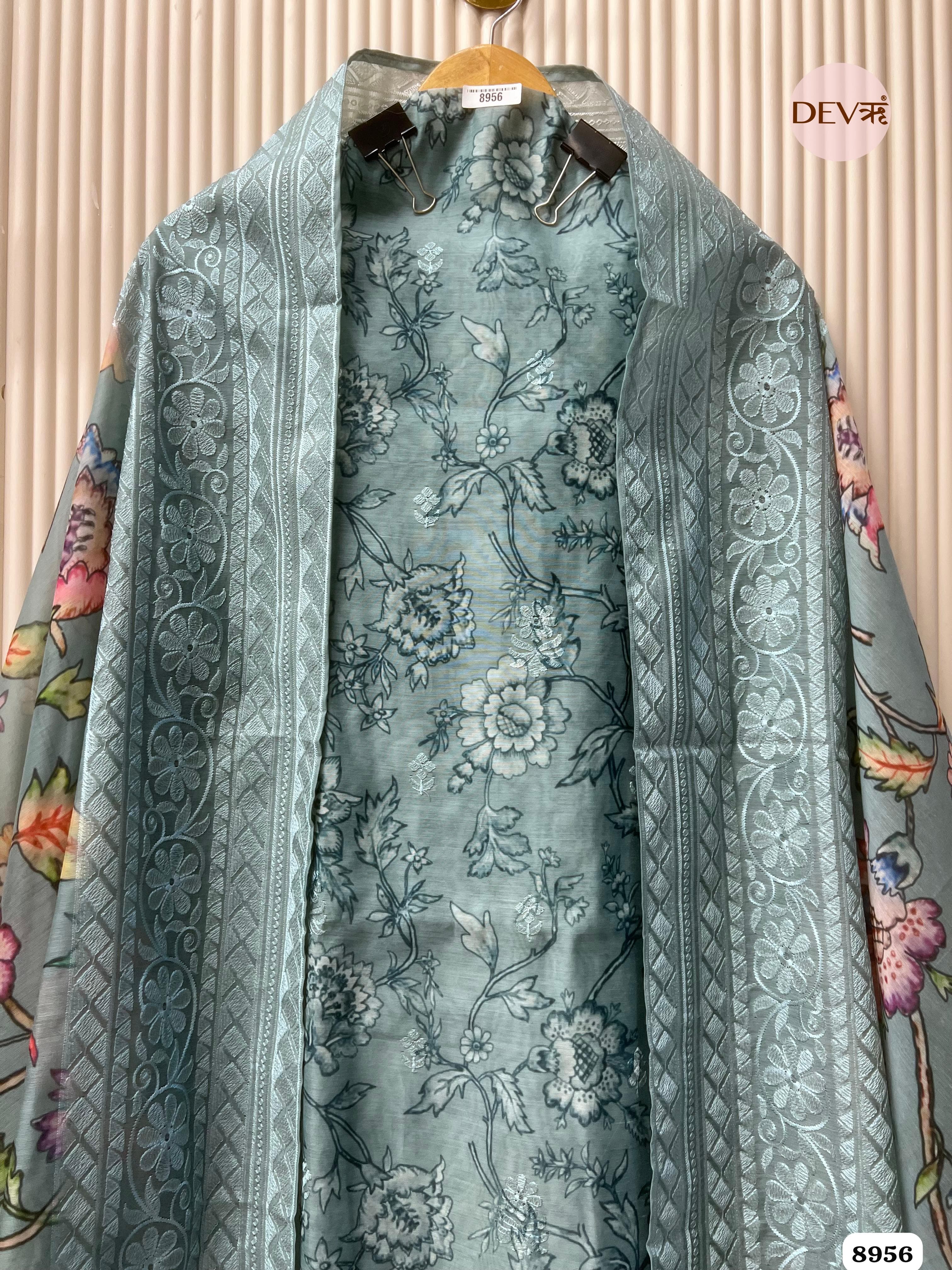 Blue Mul Chanderi Embroidered Unstitched Printed -Set Of 3 {8956}