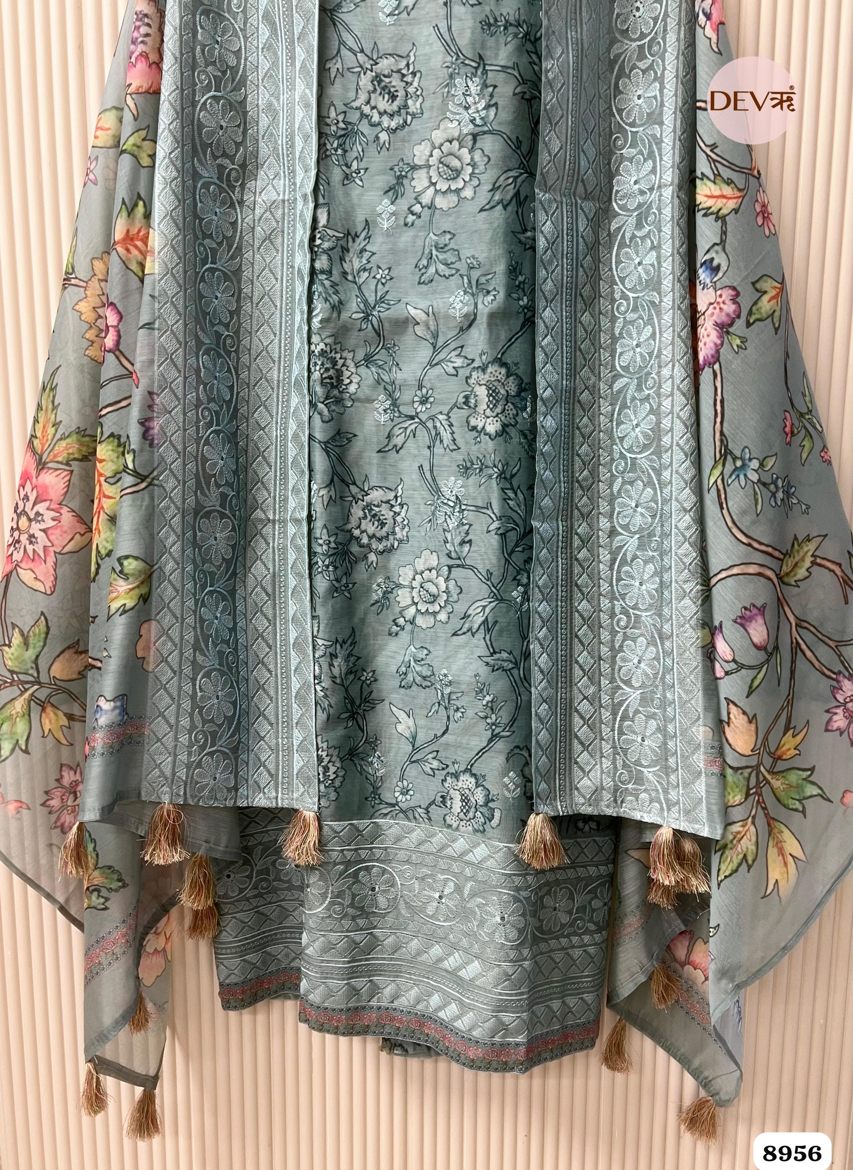 Blue Mul Chanderi Embroidered Unstitched Printed -Set Of 3 {8956}