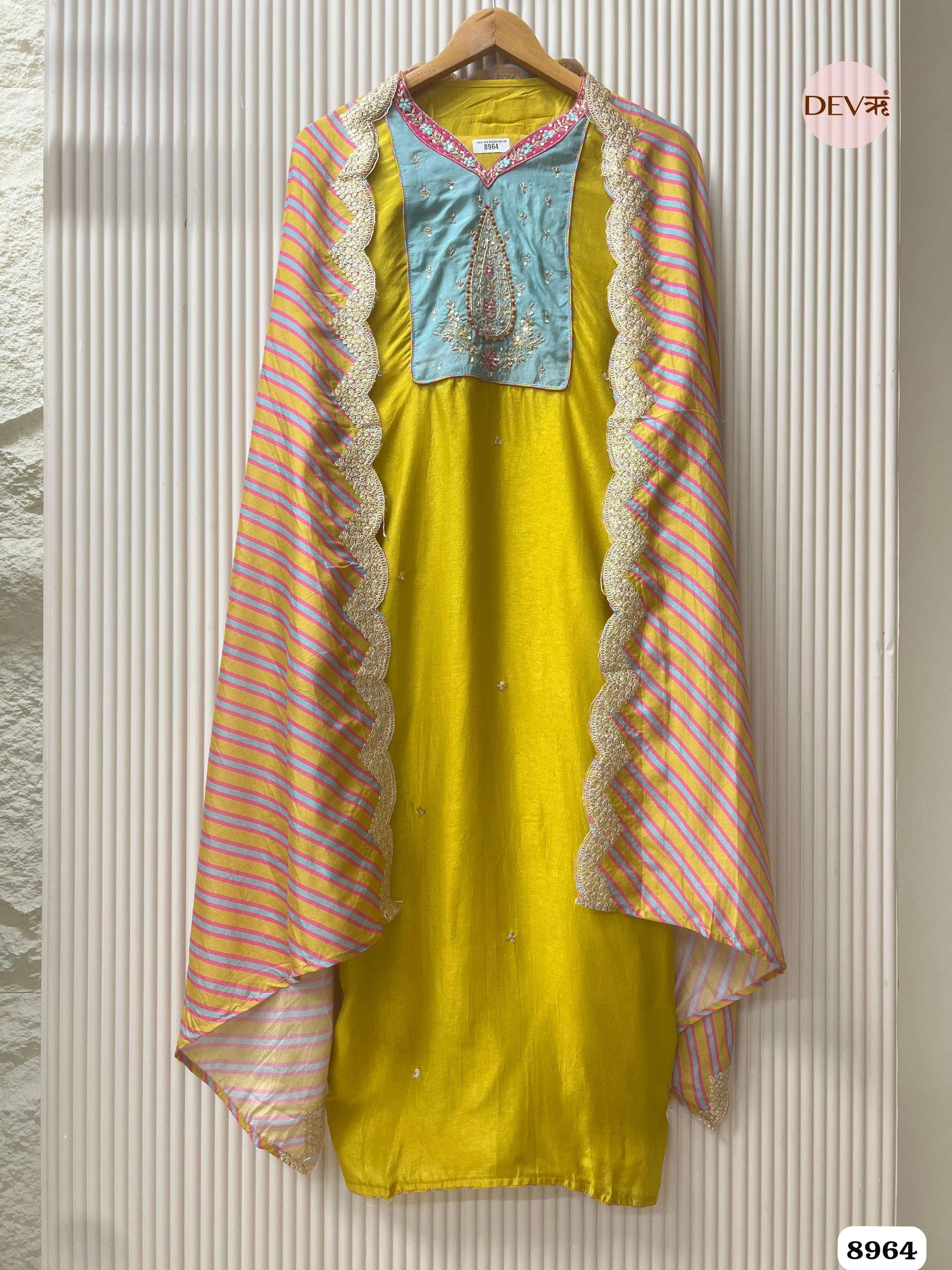 Yellow Silk Unstitched Hand Embroidered -Set Of 3 {8964}