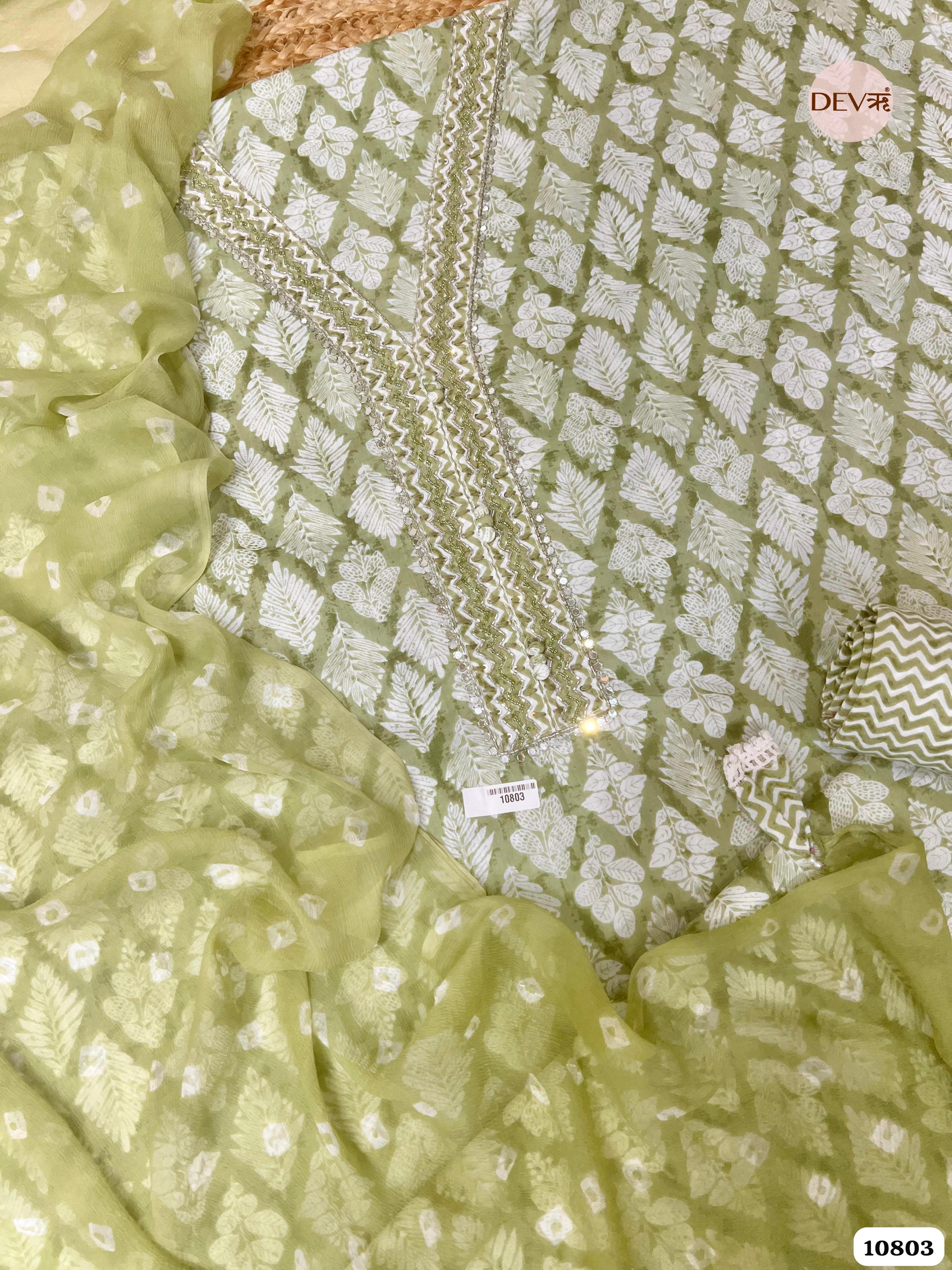 Green Cotton Unstitched Hand Embroidered -Set Of 3 {10803}