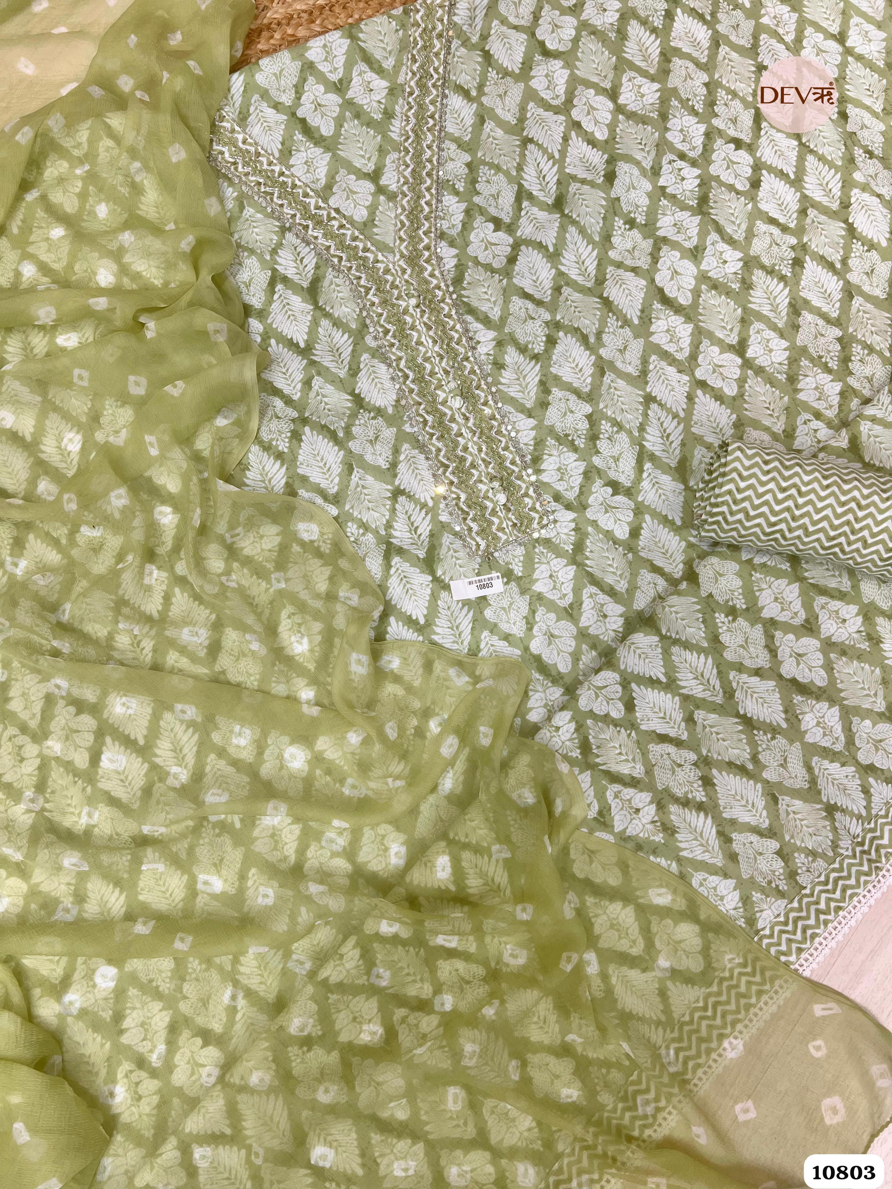 Green Cotton Unstitched Hand Embroidered -Set Of 3 {10803}