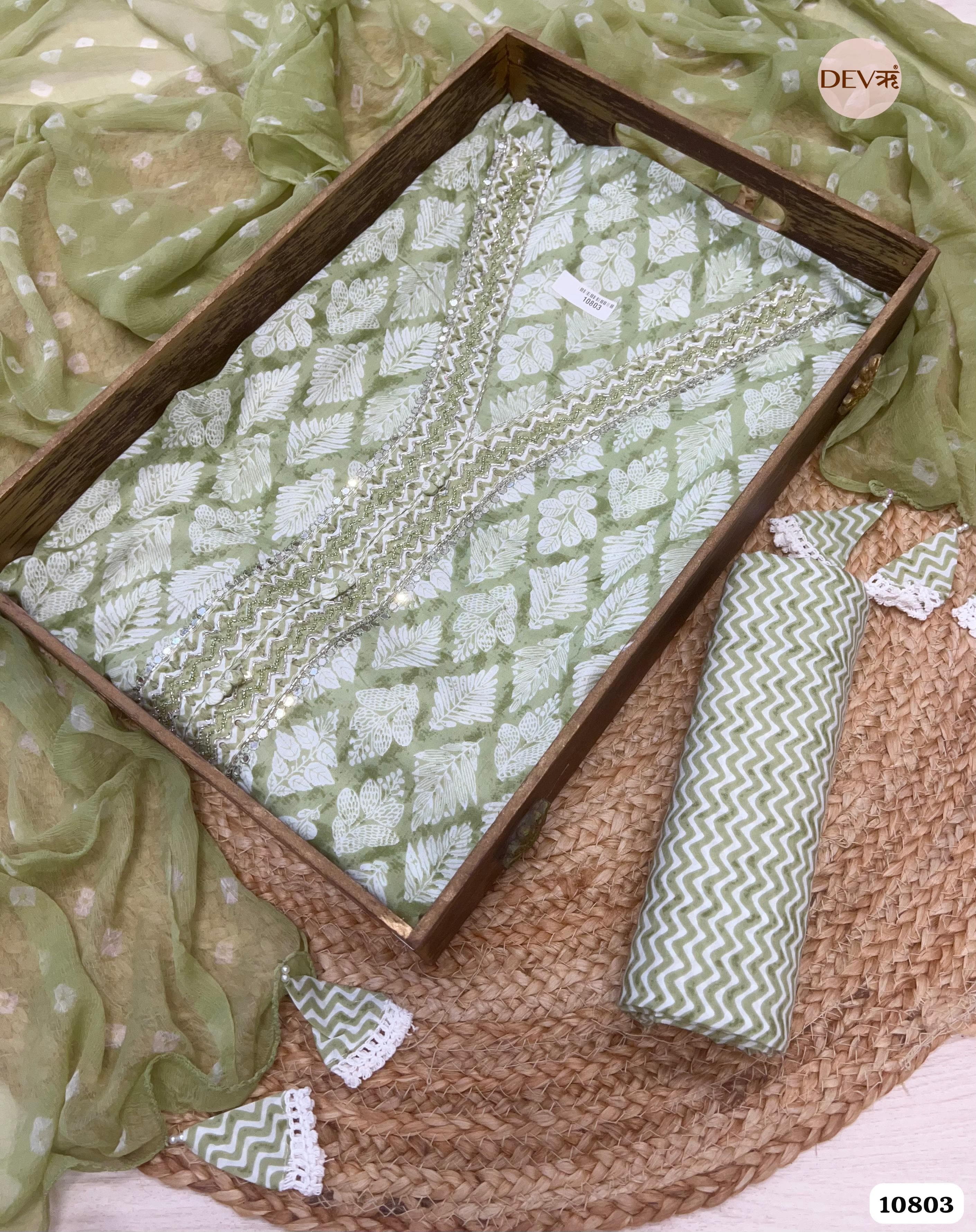 Green Cotton Unstitched Hand Embroidered -Set Of 3 {10803}