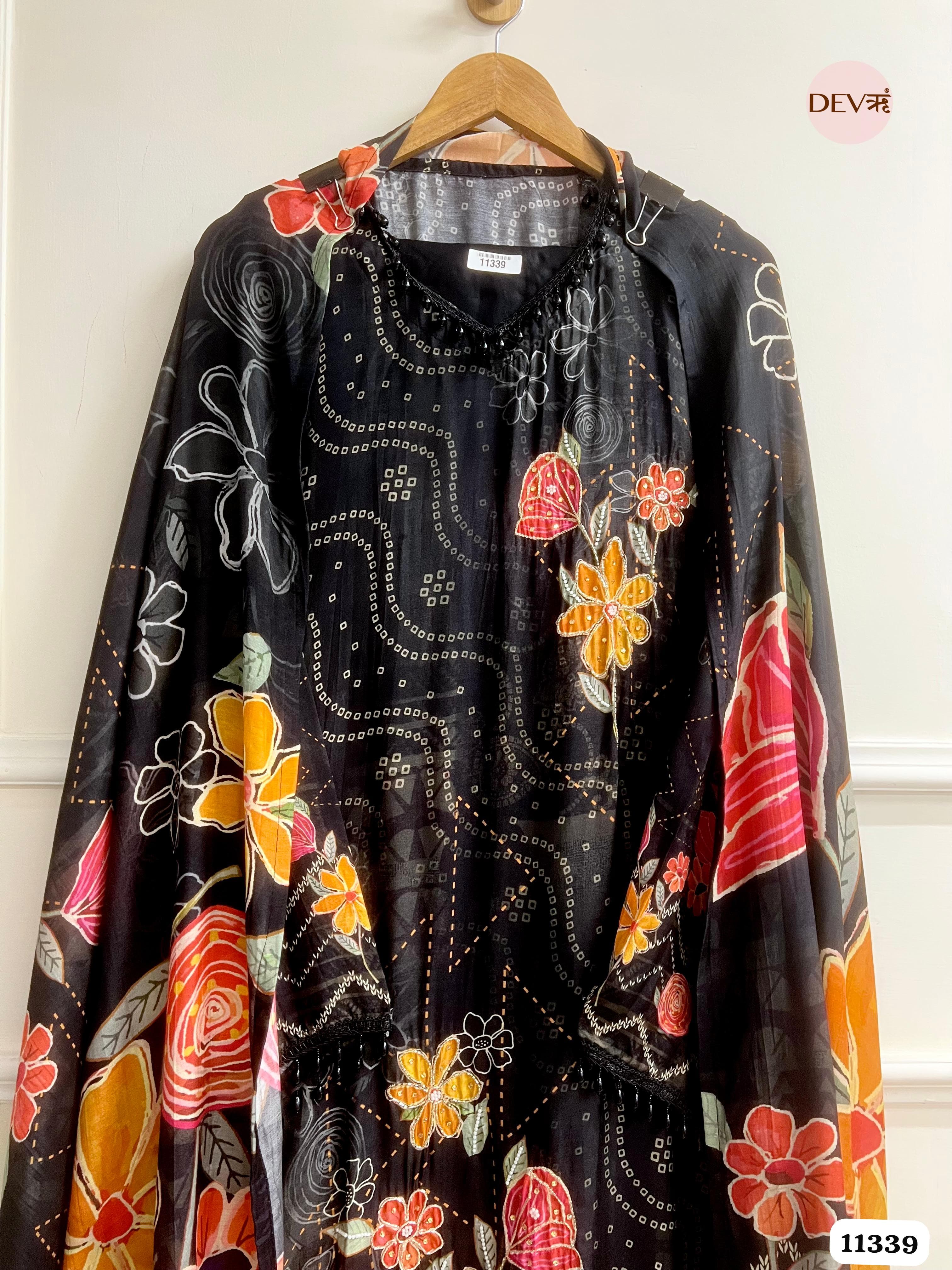 Black Muslin Semi Stitched Hand Embroidered -Set Of 3 {11339}
