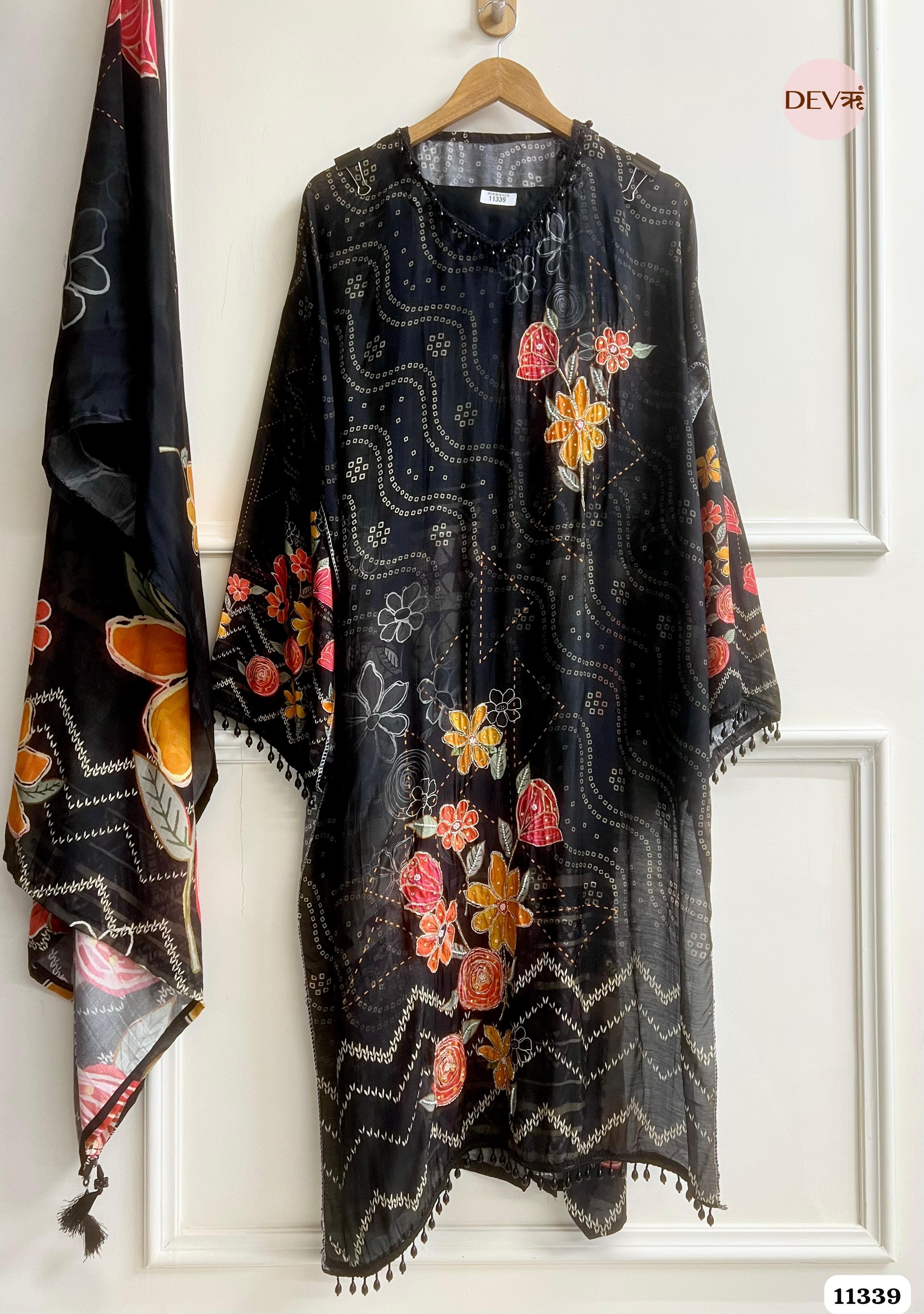 Black Muslin Semi Stitched Hand Embroidered -Set Of 3 {11339}