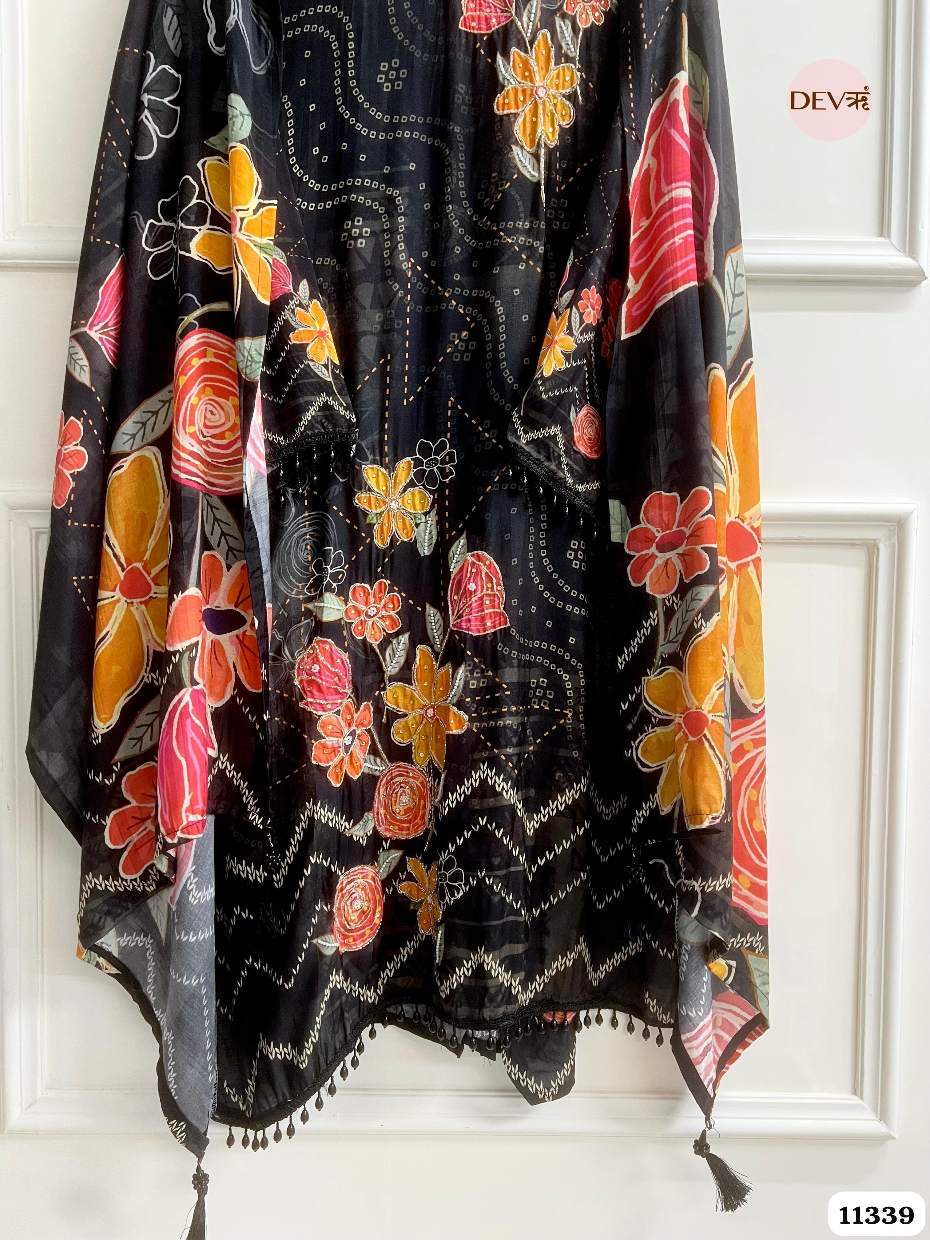 Black Muslin Semi Stitched Hand Embroidered -Set Of 3 {11339}