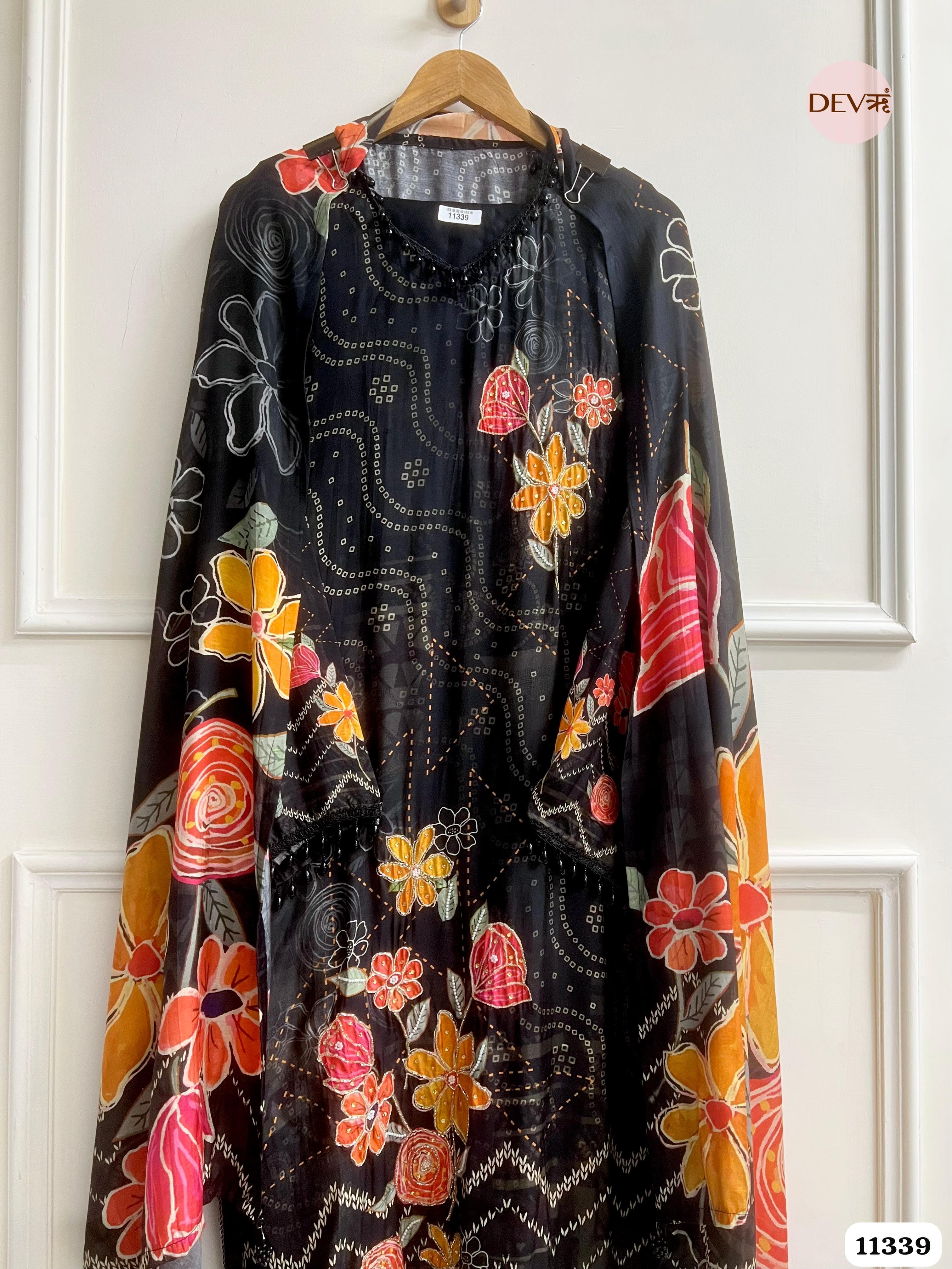 Black Muslin Semi Stitched Hand Embroidered -Set Of 3 {11339}