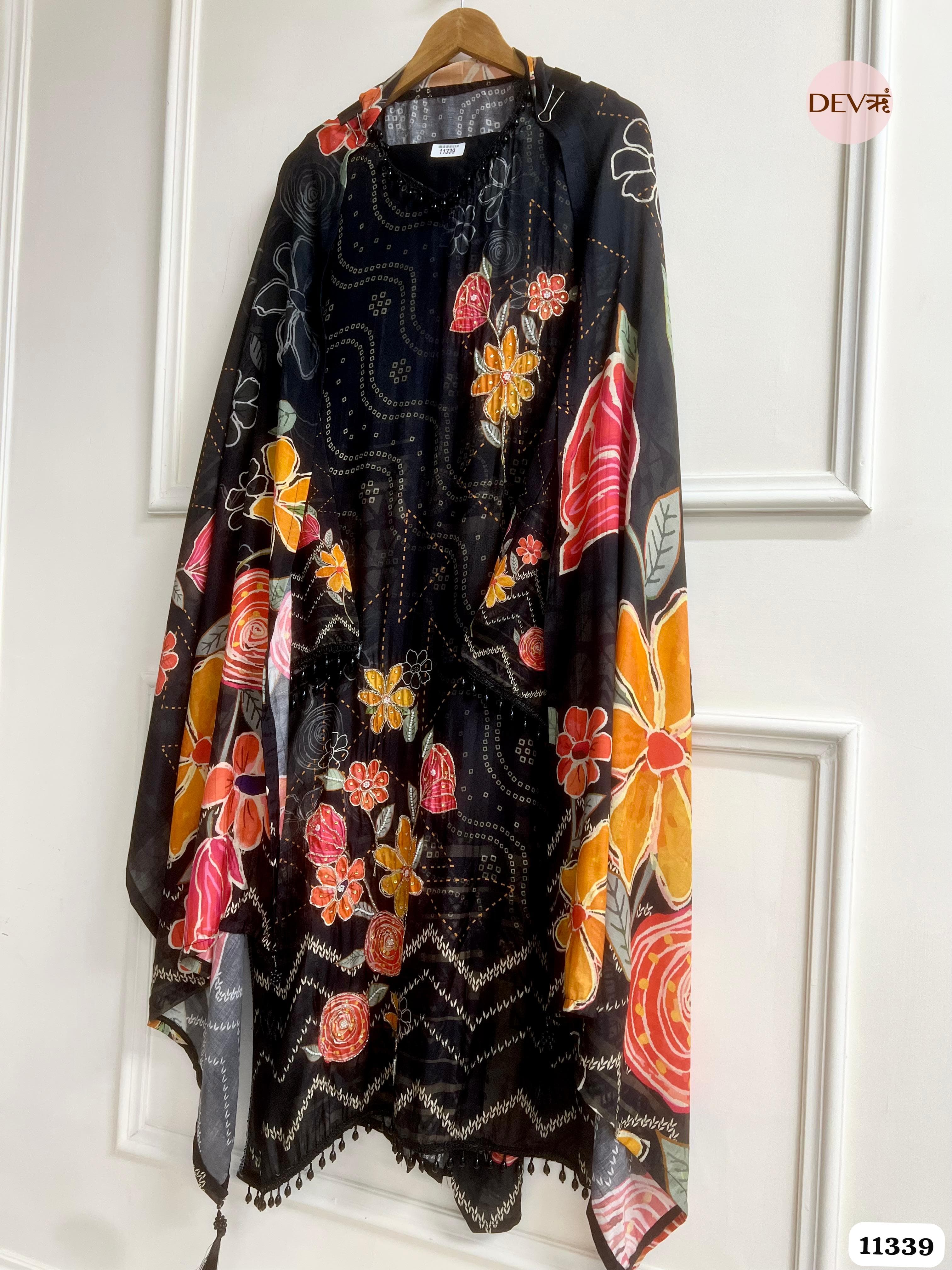 Black Muslin Semi Stitched Hand Embroidered -Set Of 3 {11339}