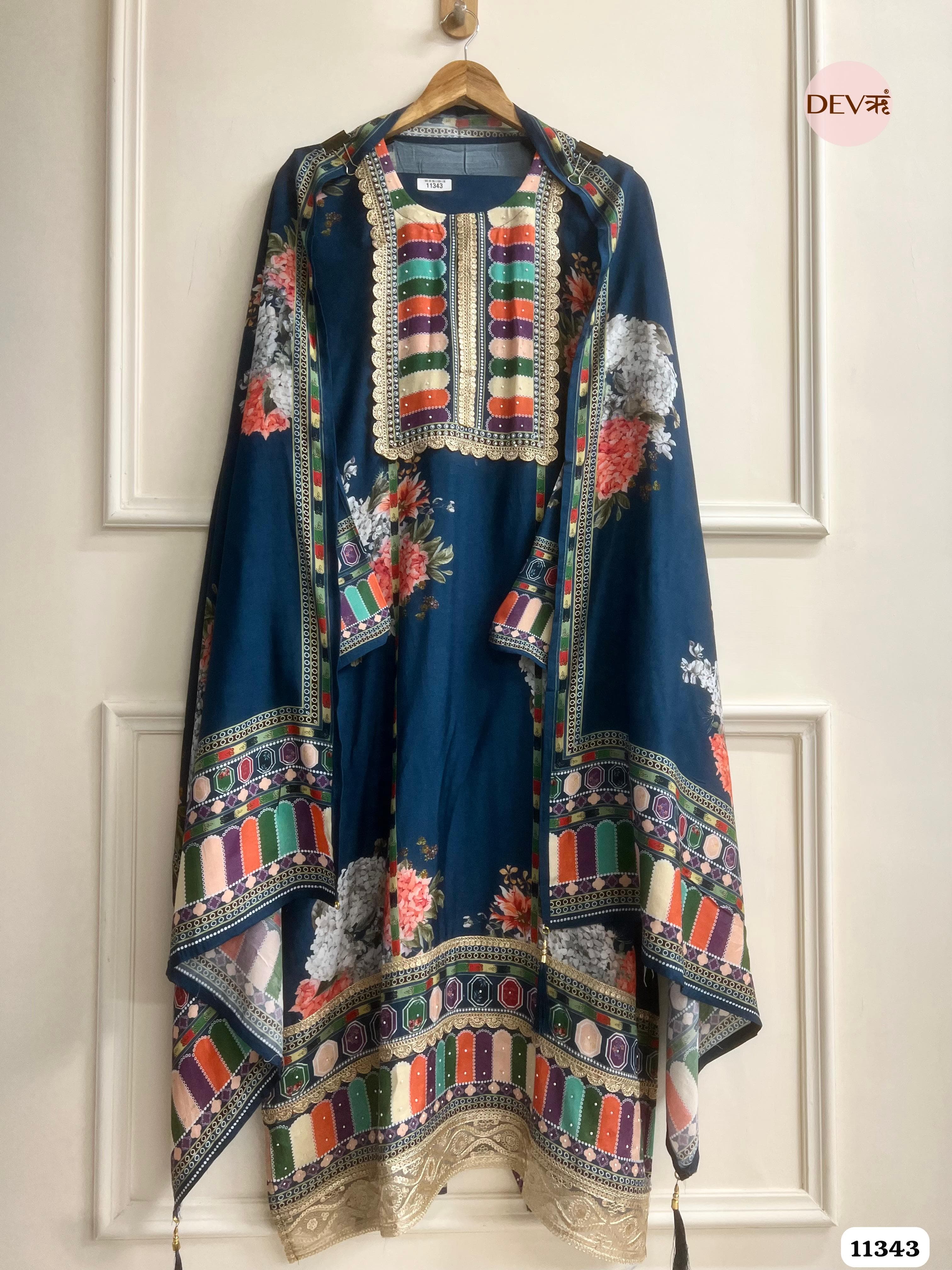 Blue Muslin Semi Stitched Hand Embroidered -Set Of 3 {11343}