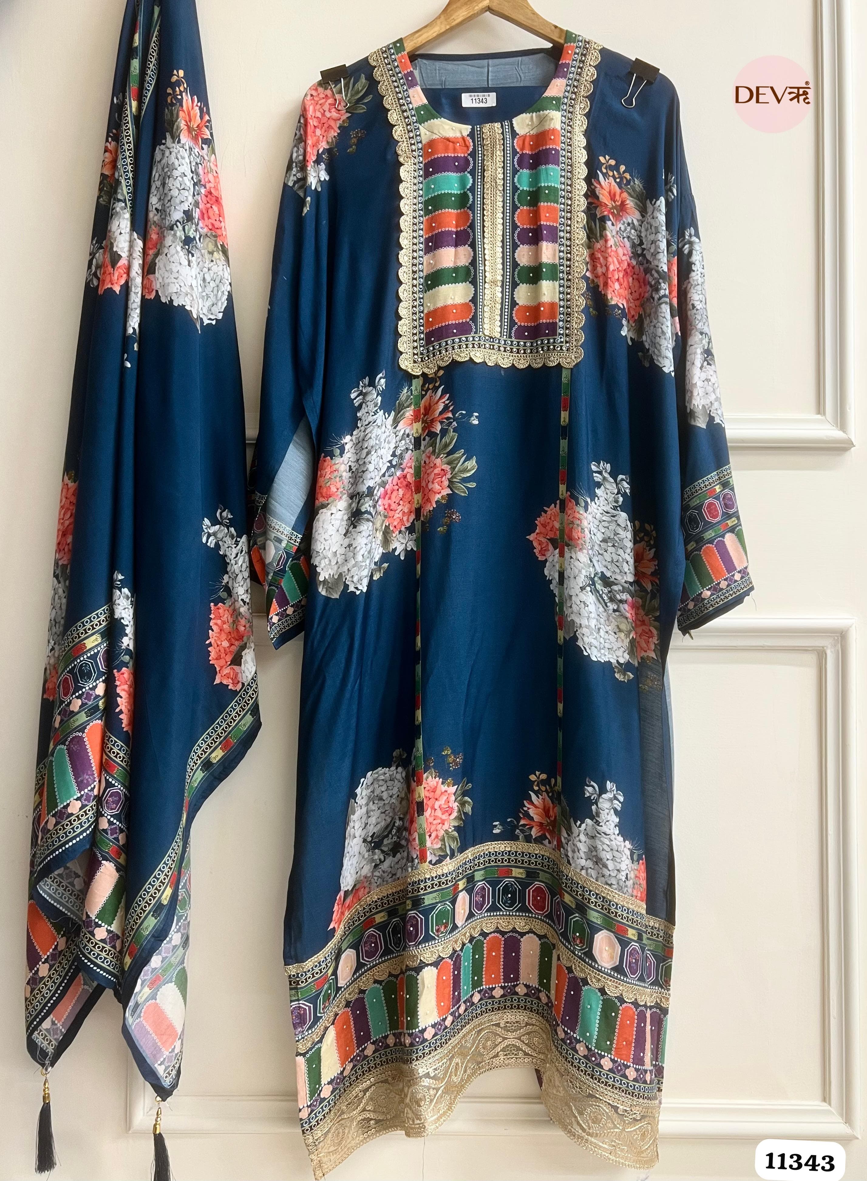 Blue Muslin Semi Stitched Hand Embroidered -Set Of 3 {11343}
