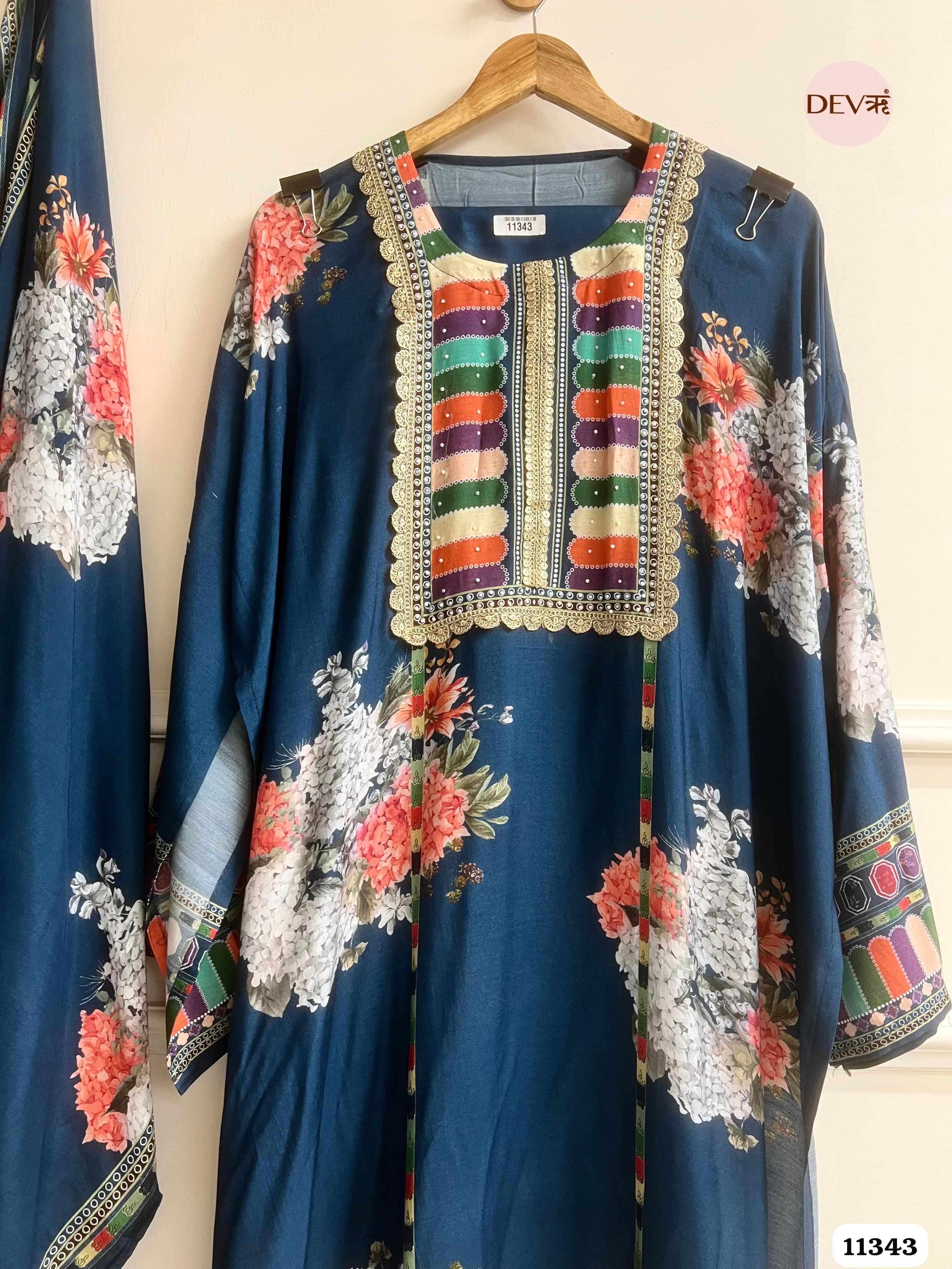 Blue Muslin Semi Stitched Hand Embroidered -Set Of 3 {11343}