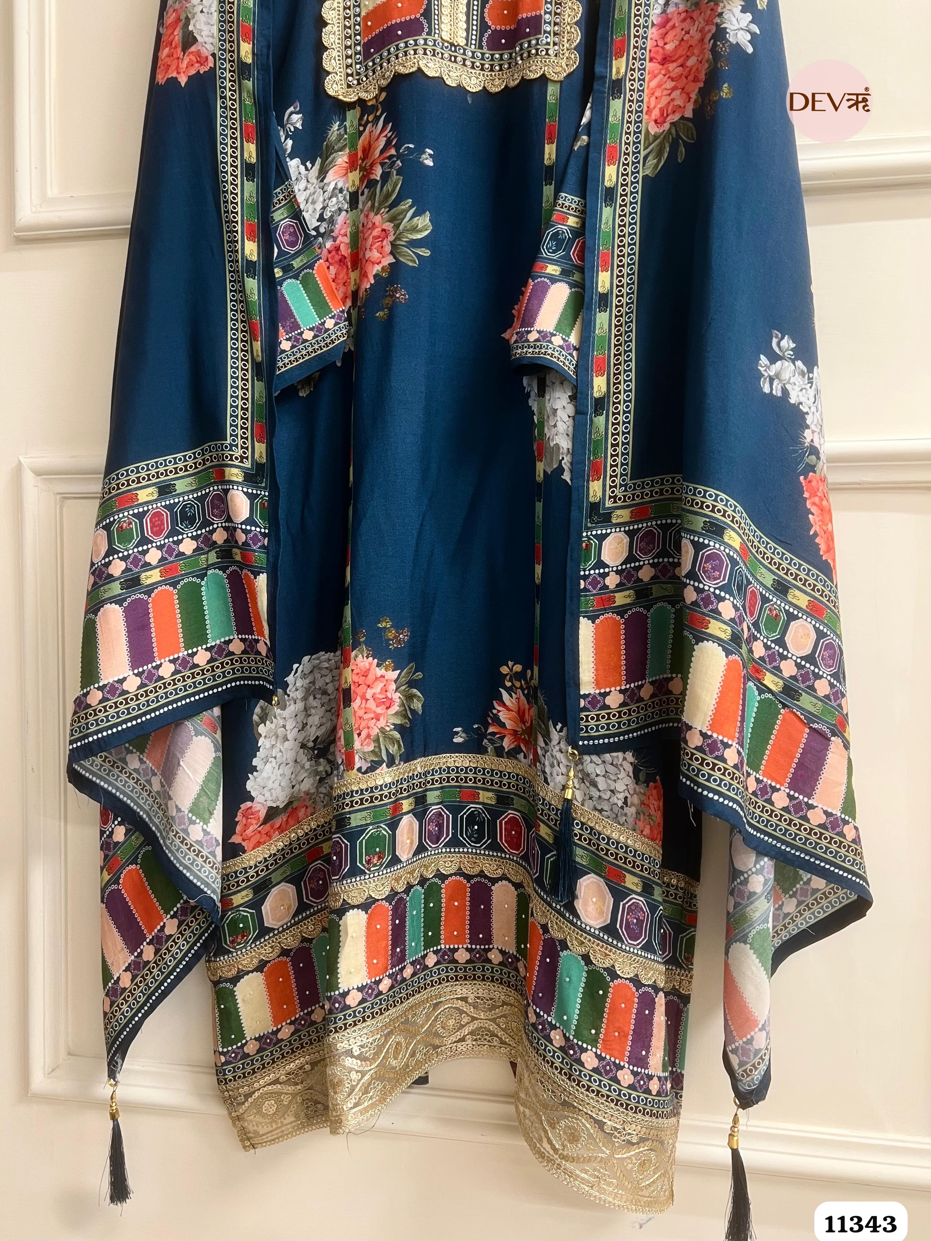 Blue Muslin Semi Stitched Hand Embroidered -Set Of 3 {11343}