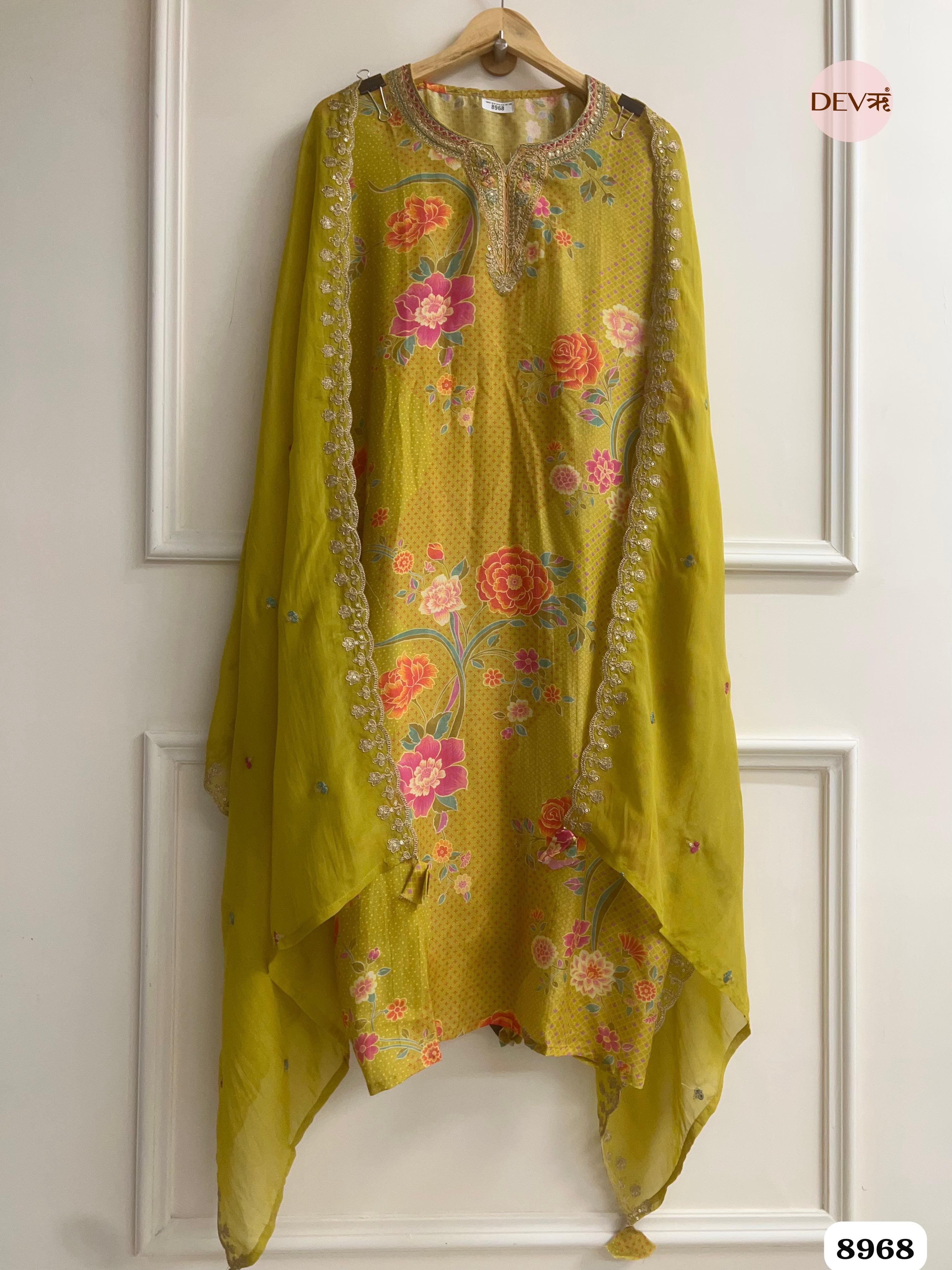 Yellow Muslin Utitched Printed Embroidered -Set Of 3 {8968}