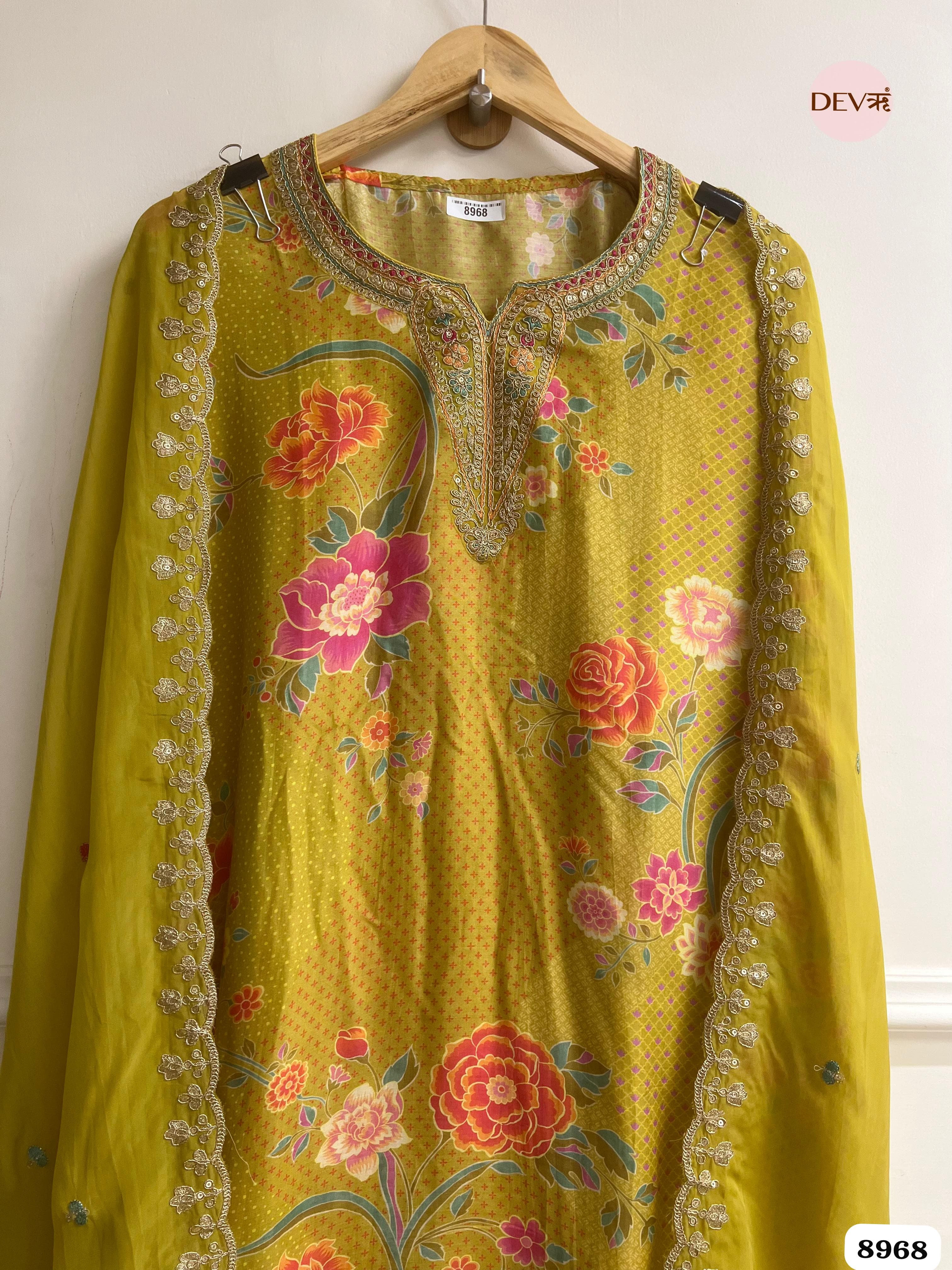 Yellow Muslin Utitched Printed Embroidered -Set Of 3 {8968}
