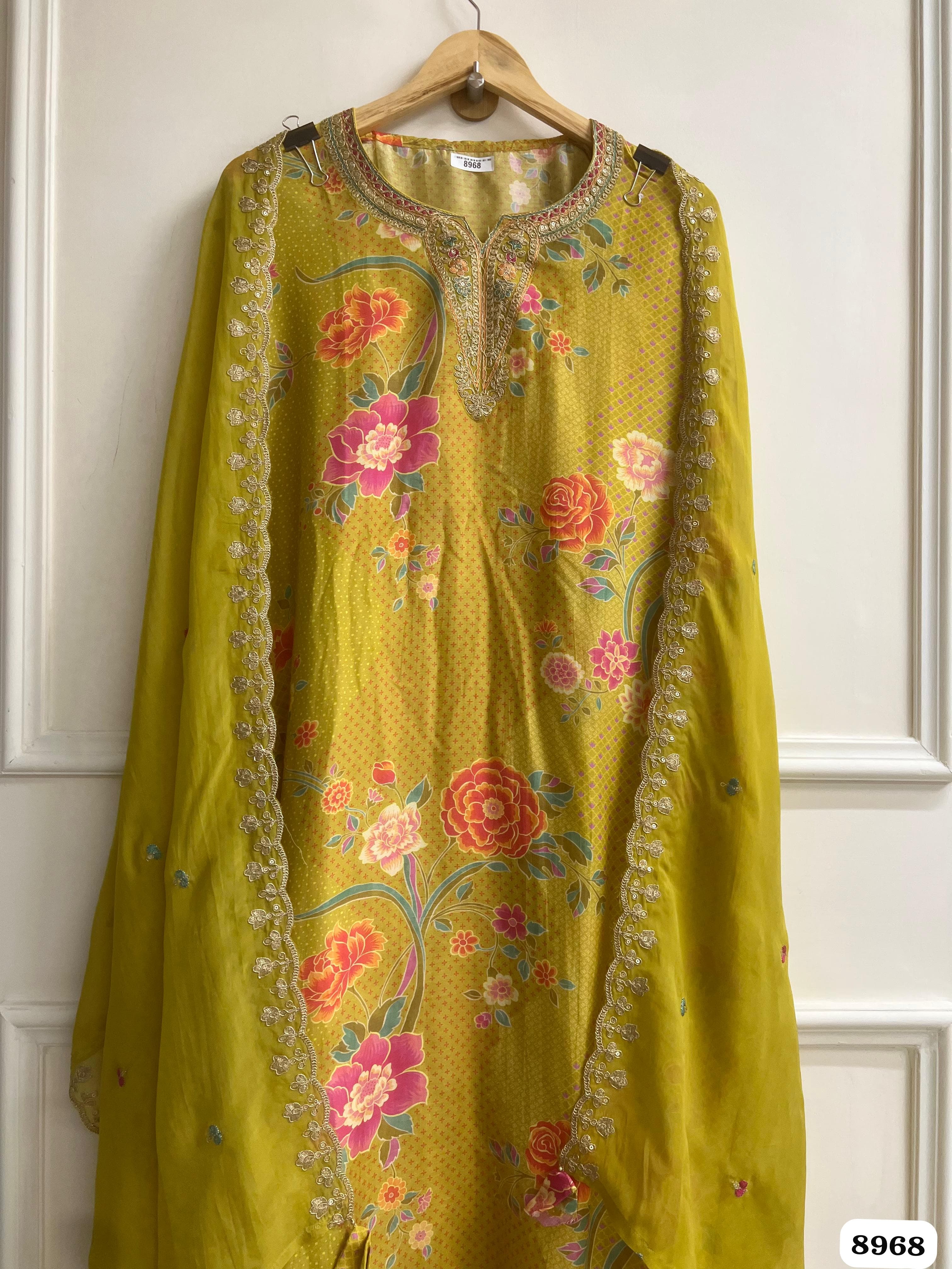 Yellow Muslin Utitched Printed Embroidered -Set Of 3 {8968}