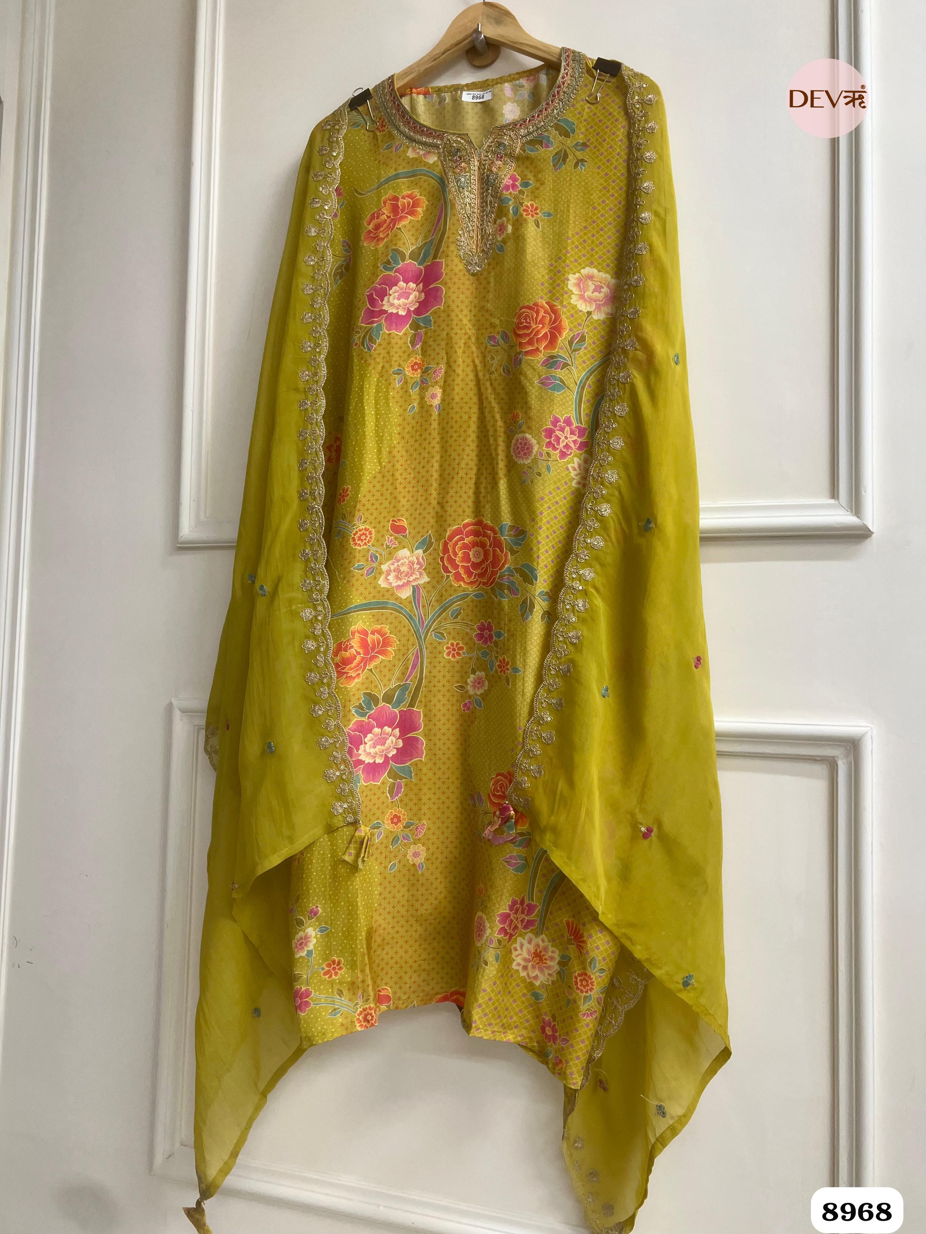 Yellow Muslin Utitched Printed Embroidered -Set Of 3 {8968}