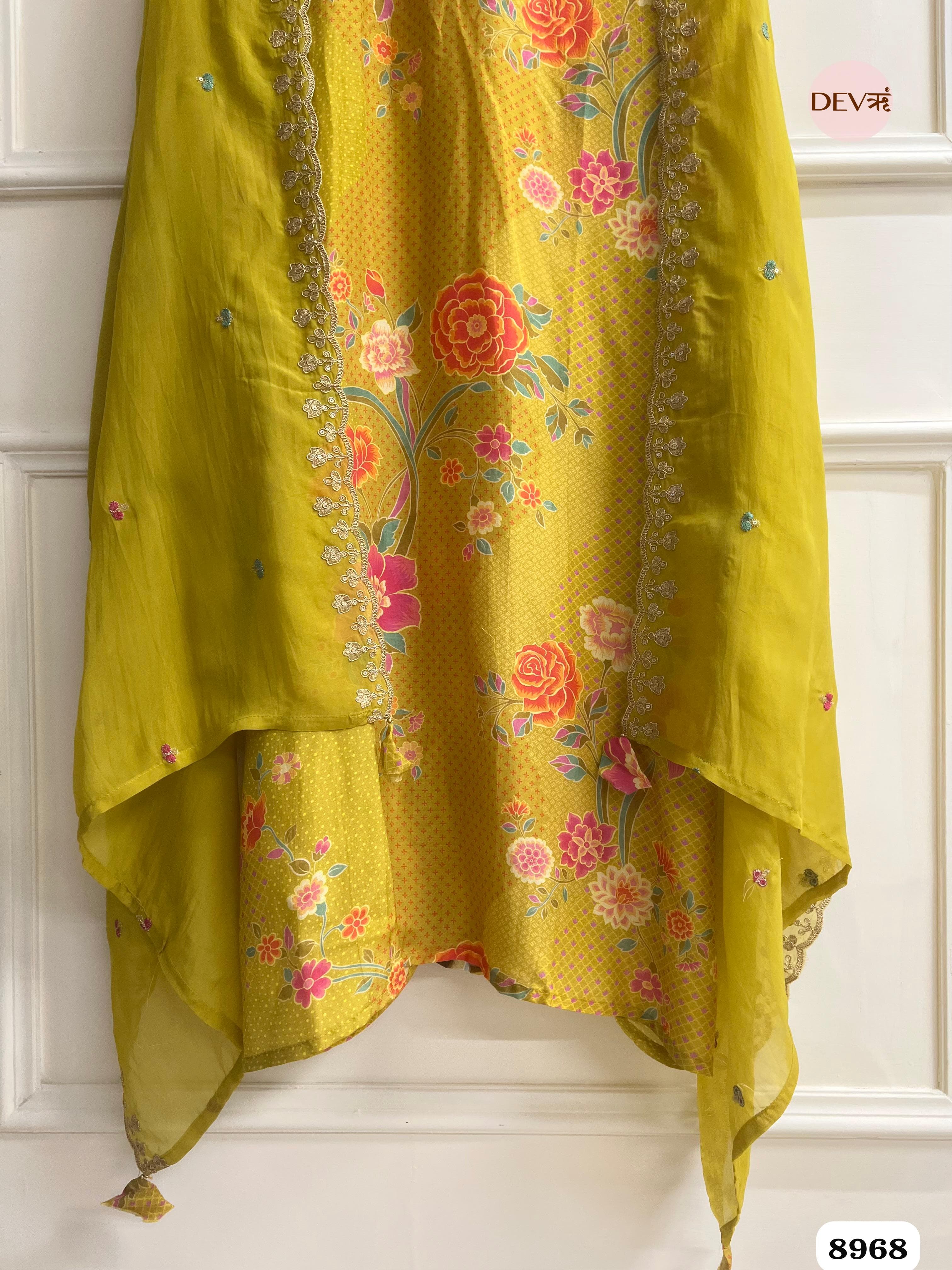 Yellow Muslin Utitched Printed Embroidered -Set Of 3 {8968}