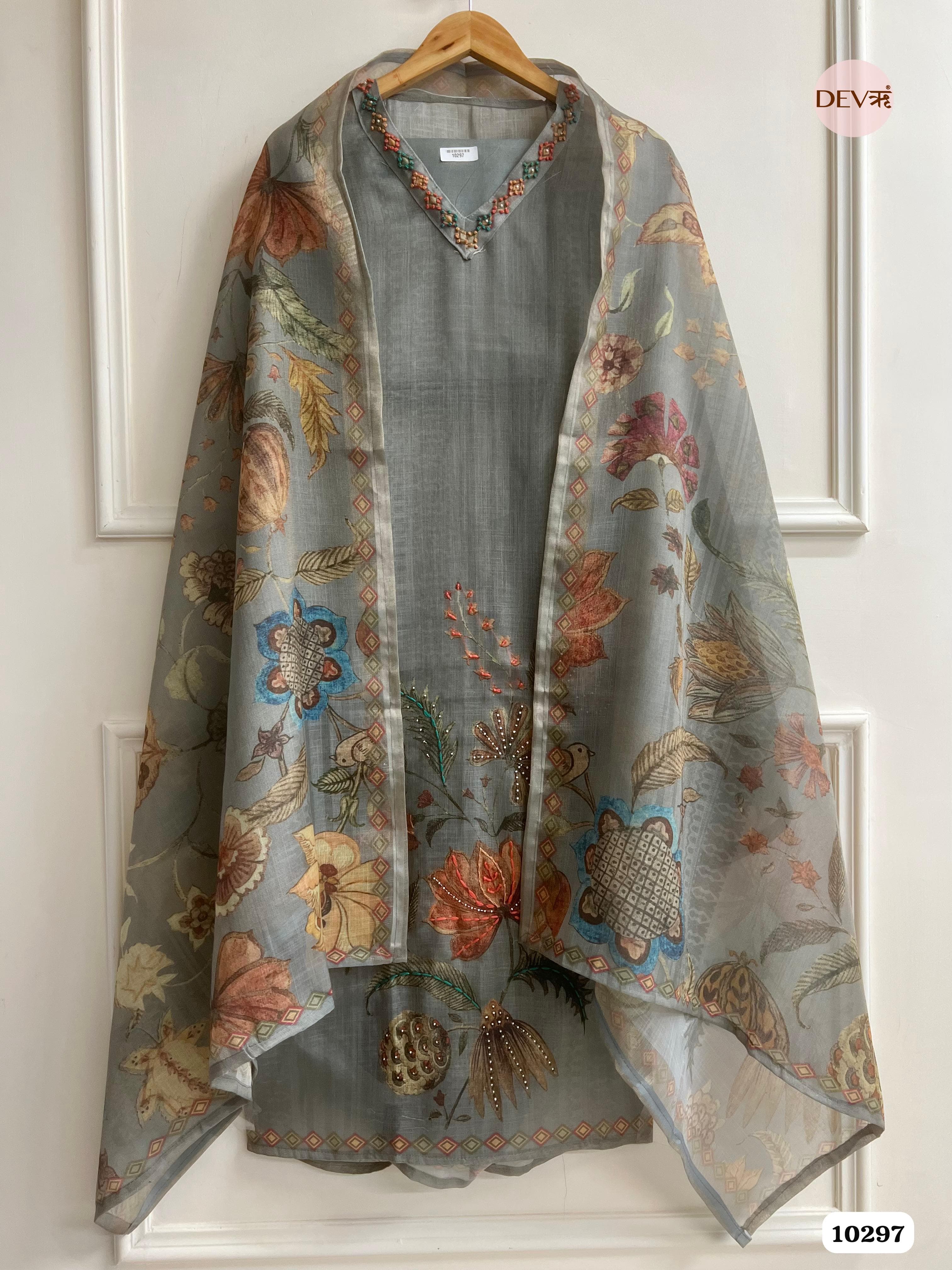 Grey Linen Unstitched Printed Hand Embroidered -Set Of 3 {10297}