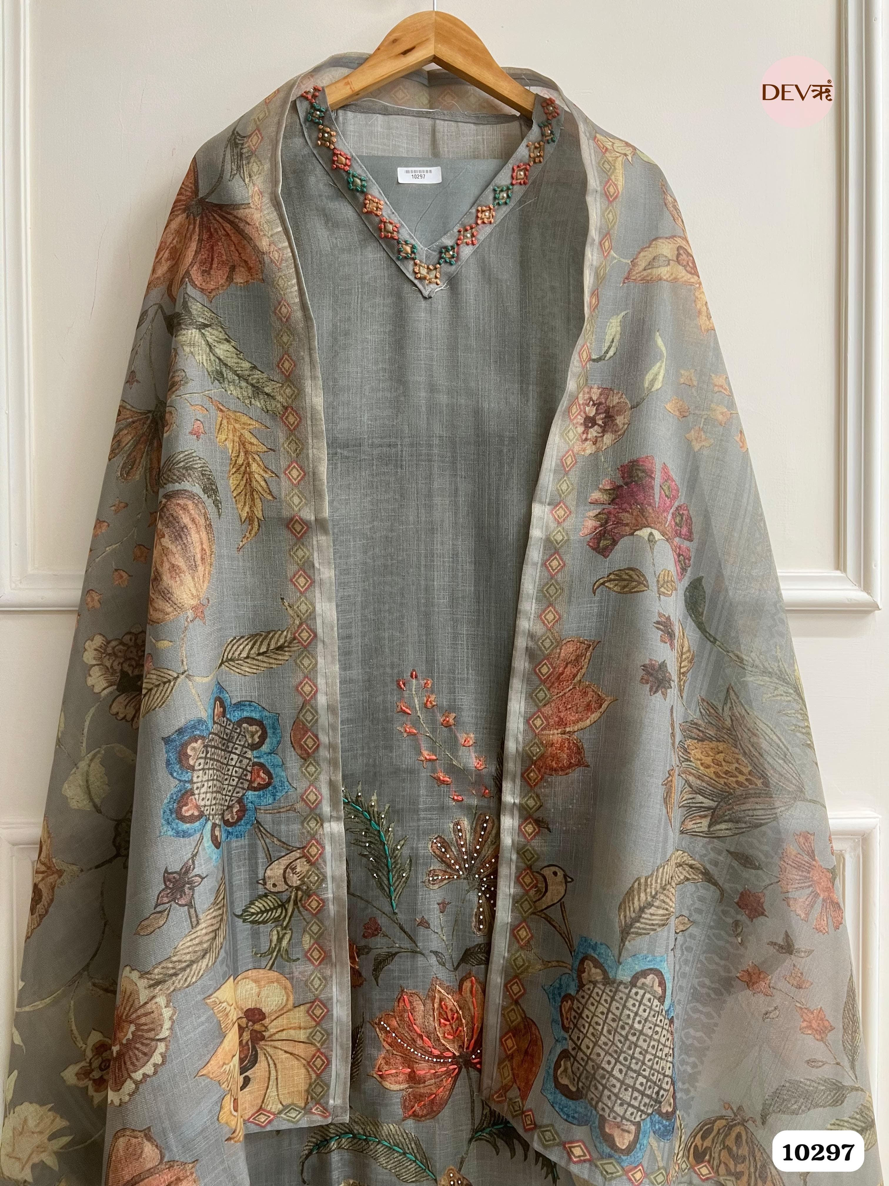 Grey Linen Unstitched Printed Hand Embroidered -Set Of 3 {10297}