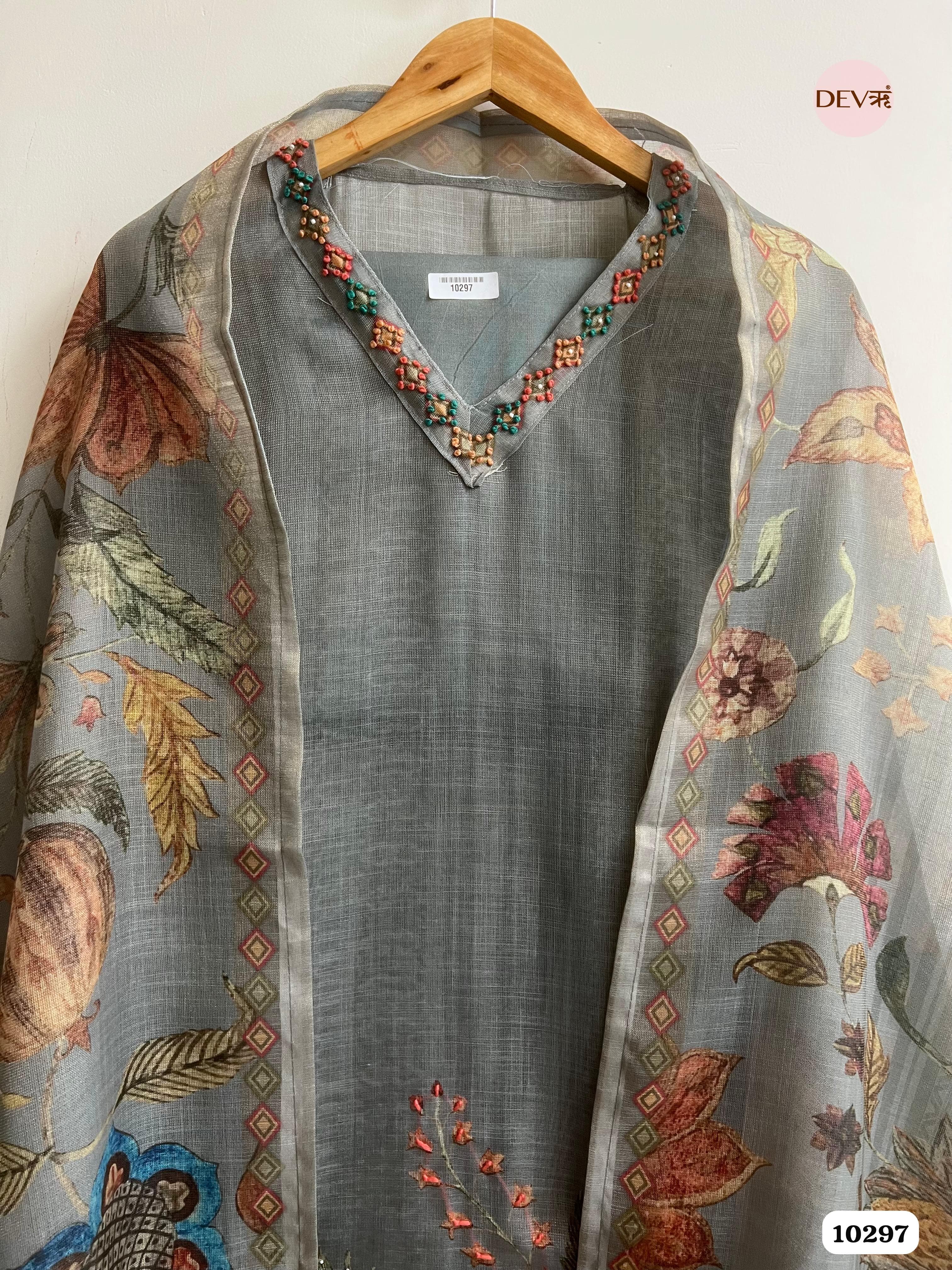 Grey Linen Unstitched Printed Hand Embroidered -Set Of 3 {10297}