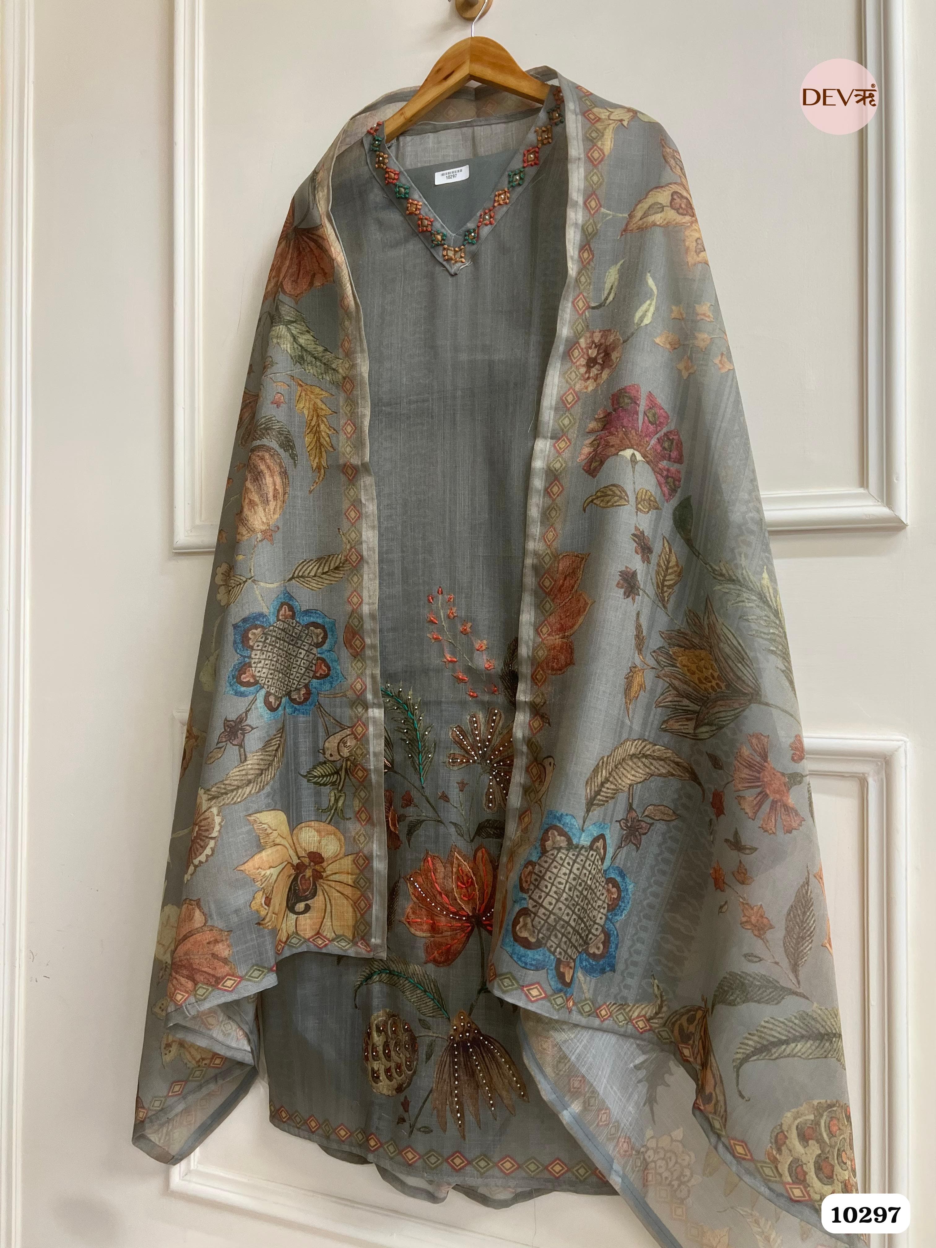 Grey Linen Unstitched Printed Hand Embroidered -Set Of 3 {10297}