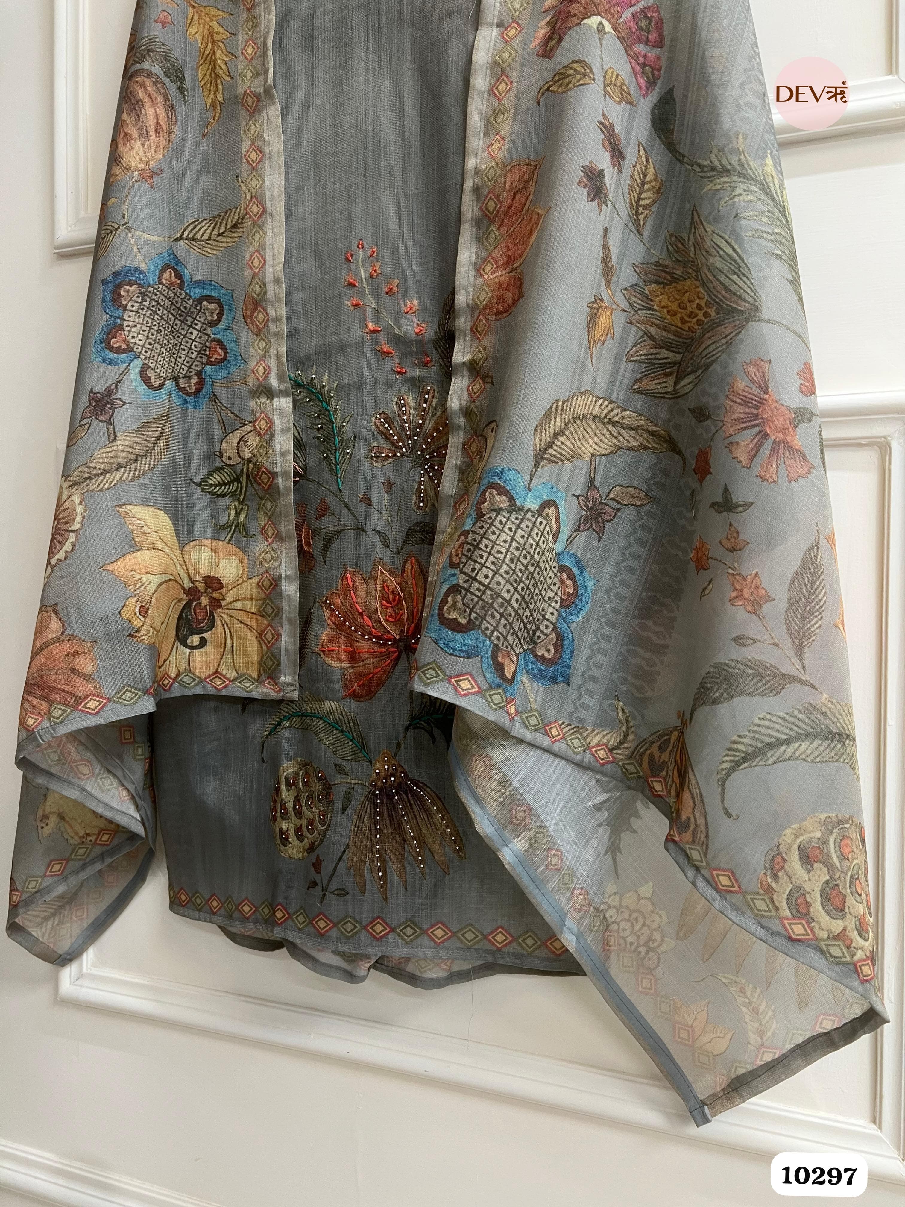 Grey Linen Unstitched Printed Hand Embroidered -Set Of 3 {10297}