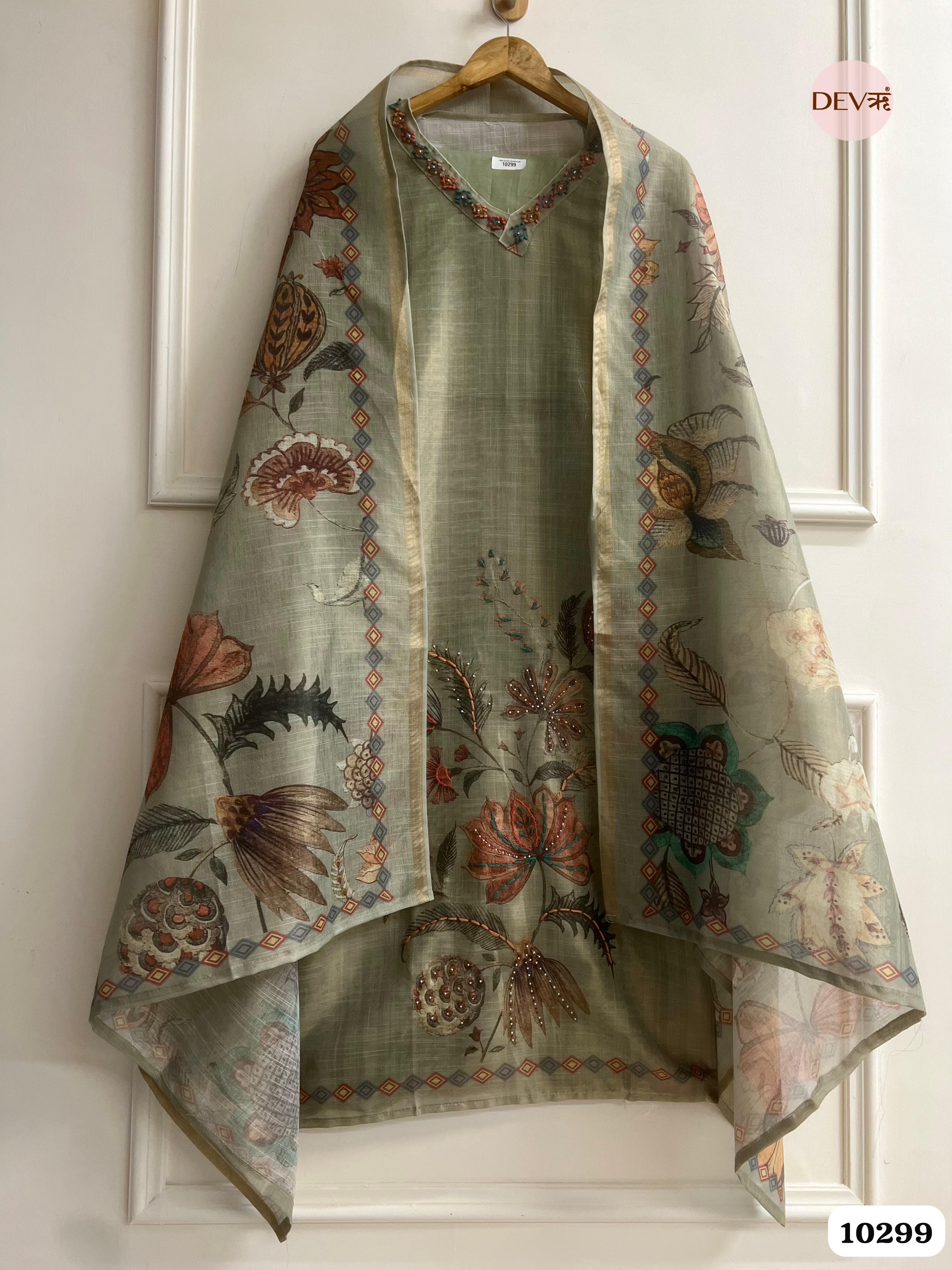 Olive Green Linen Unstitched Printed Hand Embroidered -Set Of 3 {10299}