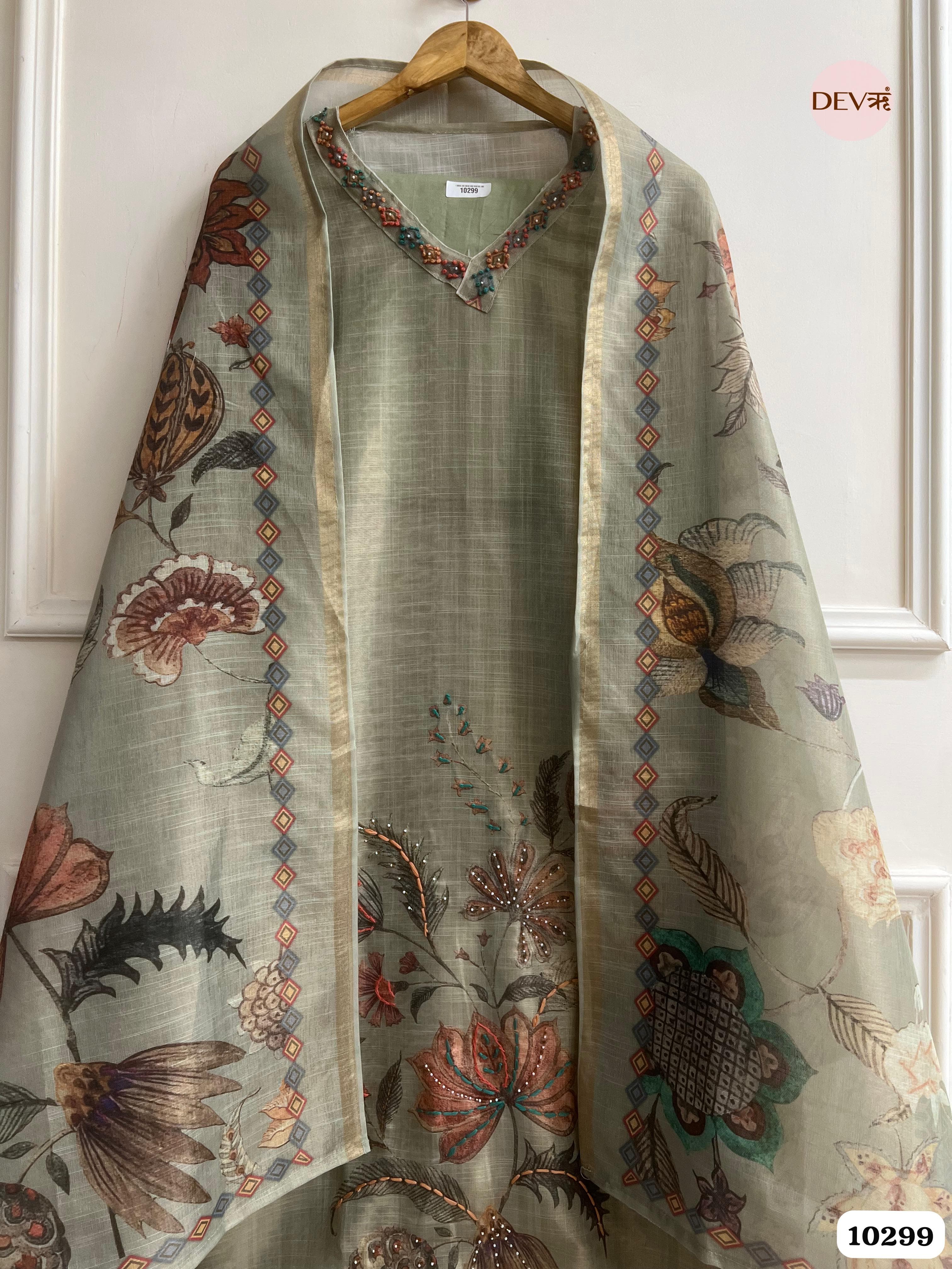 Olive Green Linen Unstitched Printed Hand Embroidered -Set Of 3 {10299}