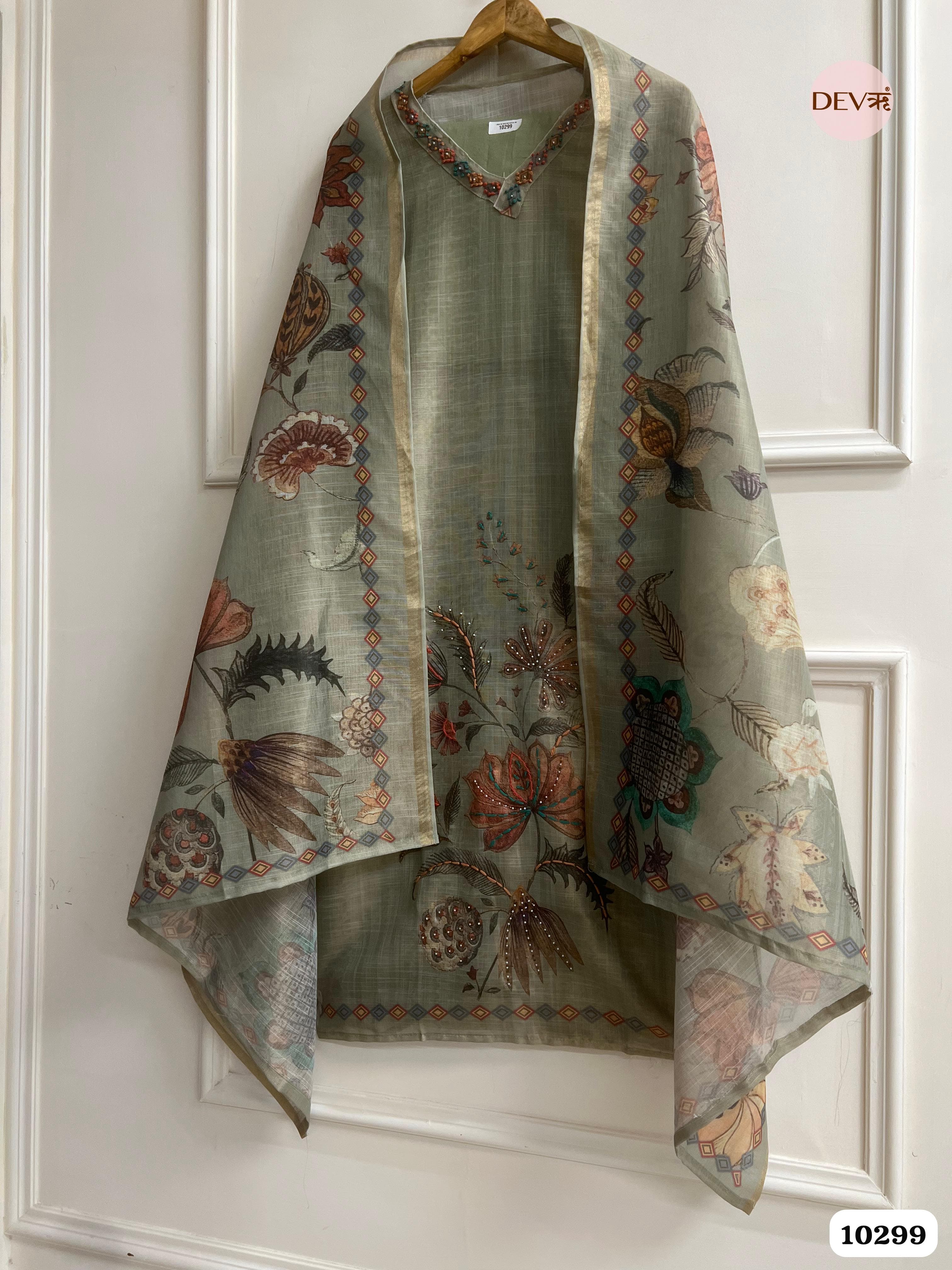 Olive Green Linen Unstitched Printed Hand Embroidered -Set Of 3 {10299}
