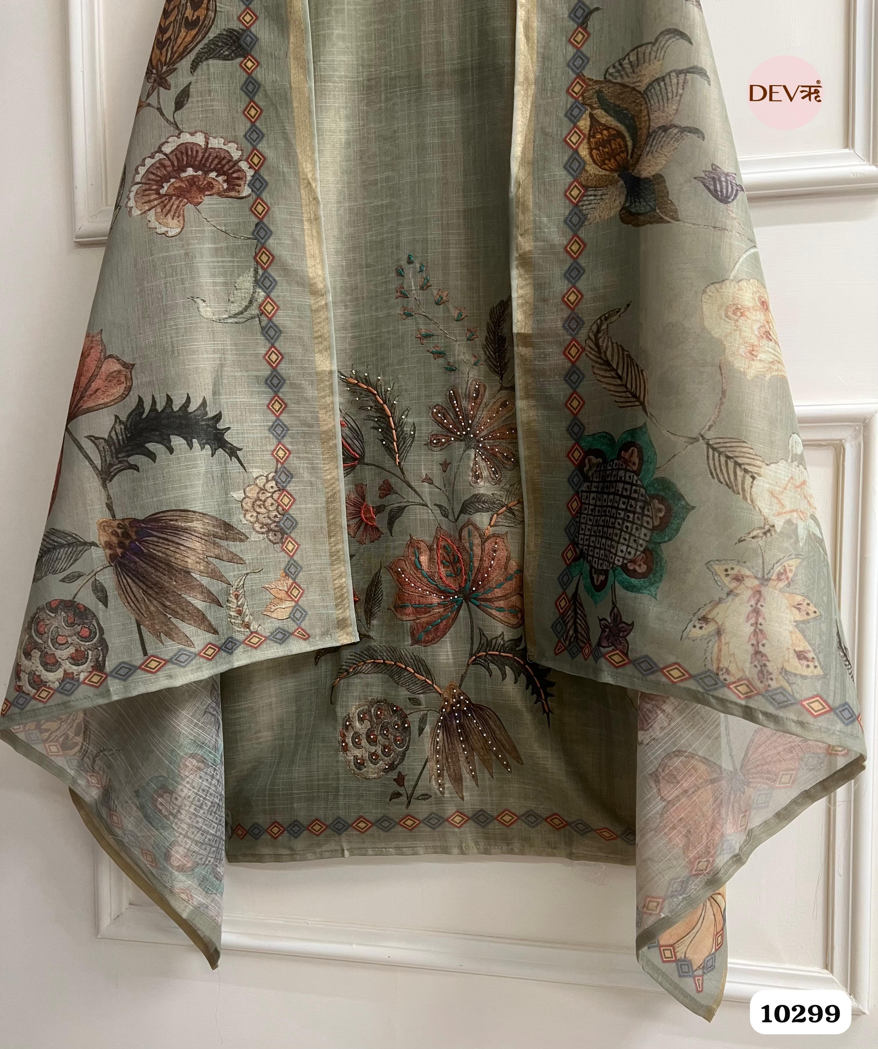 Olive Green Linen Unstitched Printed Hand Embroidered -Set Of 3 {10299}
