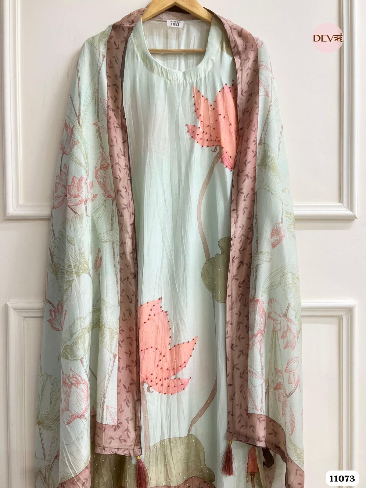 Light Pastel Green Muslin Semi- Stitched Hand Embroidered -Set Of 3 {11073}