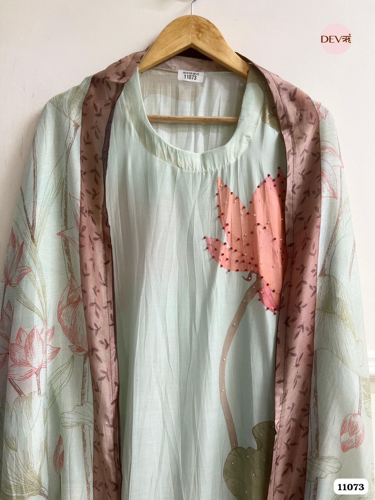 Light Pastel Green Muslin Semi- Stitched Hand Embroidered -Set Of 3 {11073}