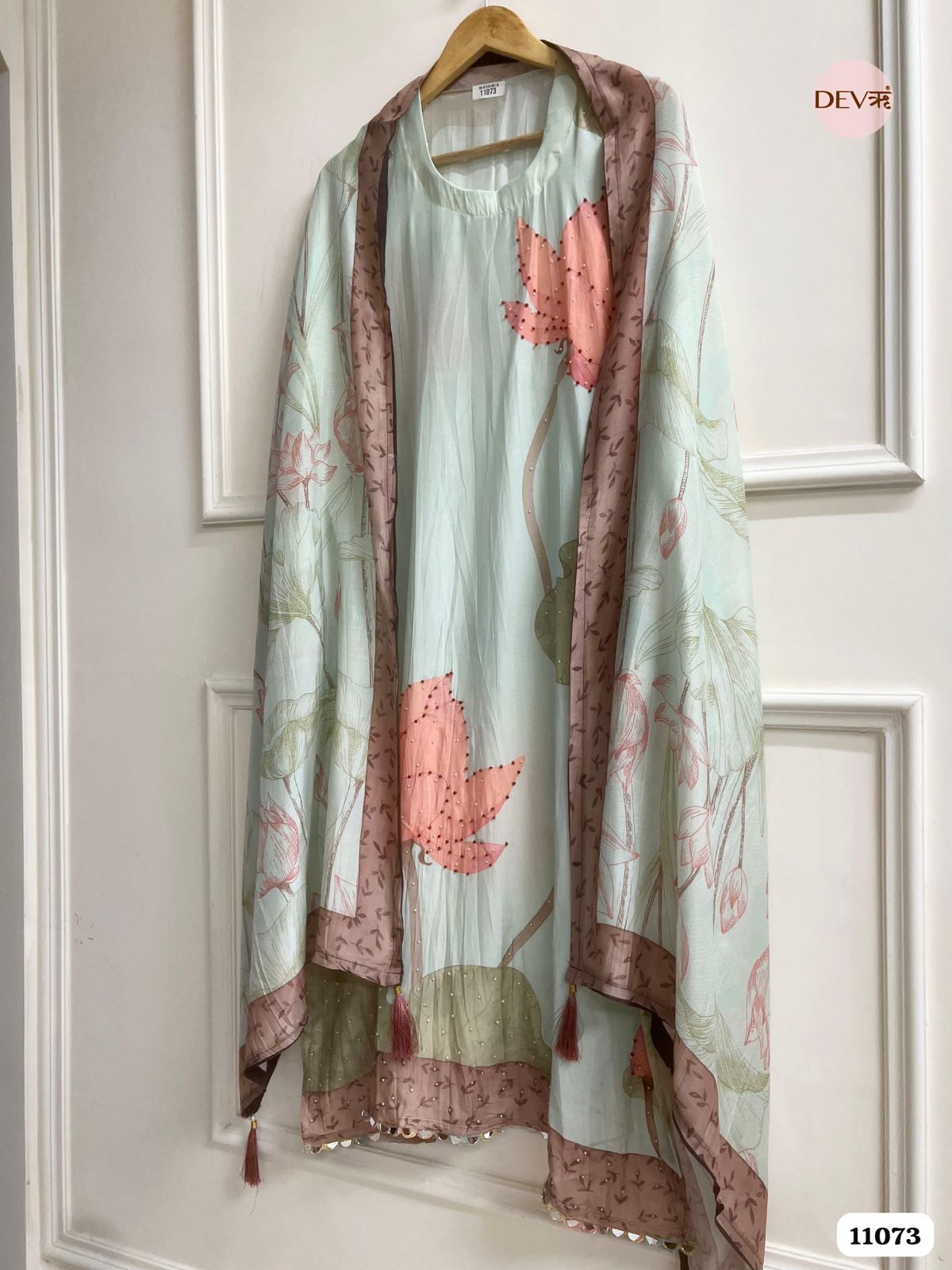 Light Pastel Green Muslin Semi- Stitched Hand Embroidered -Set Of 3 {11073}